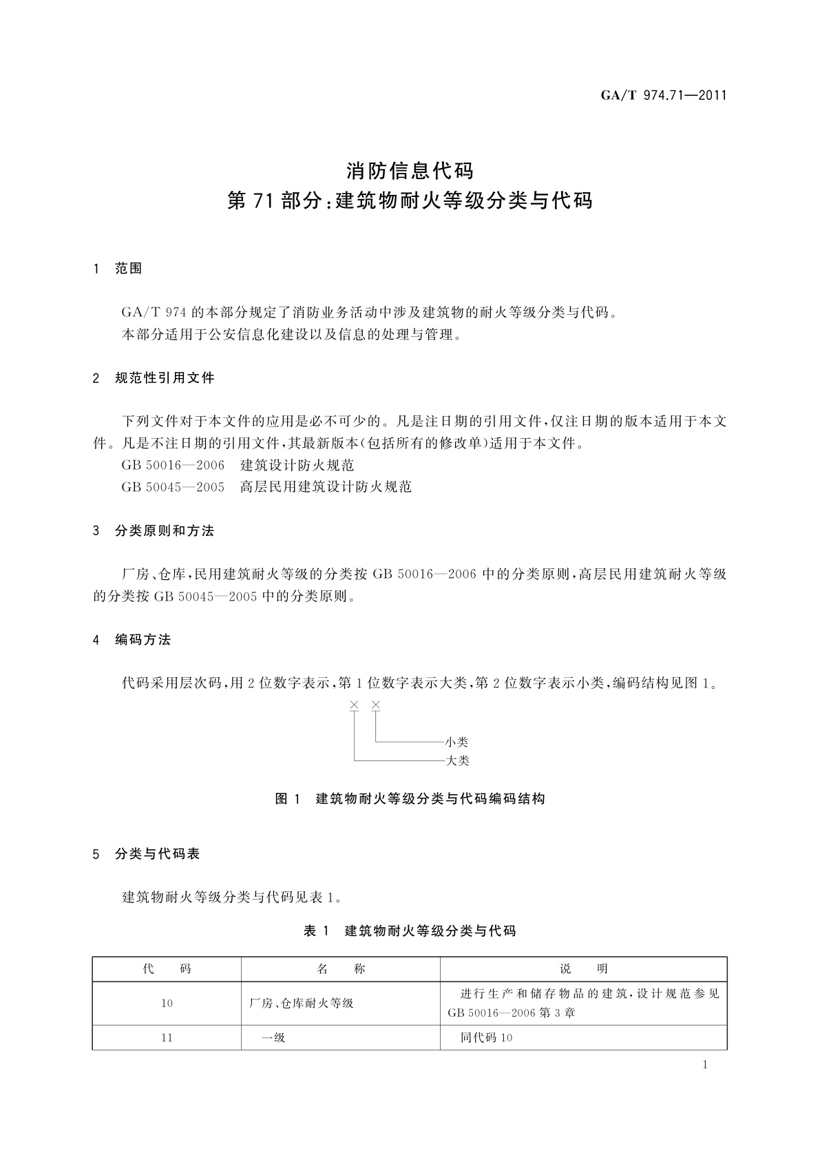 GA/T 974.71-2011 消防信息代码　第71部分：建筑物耐火等级分类与代码