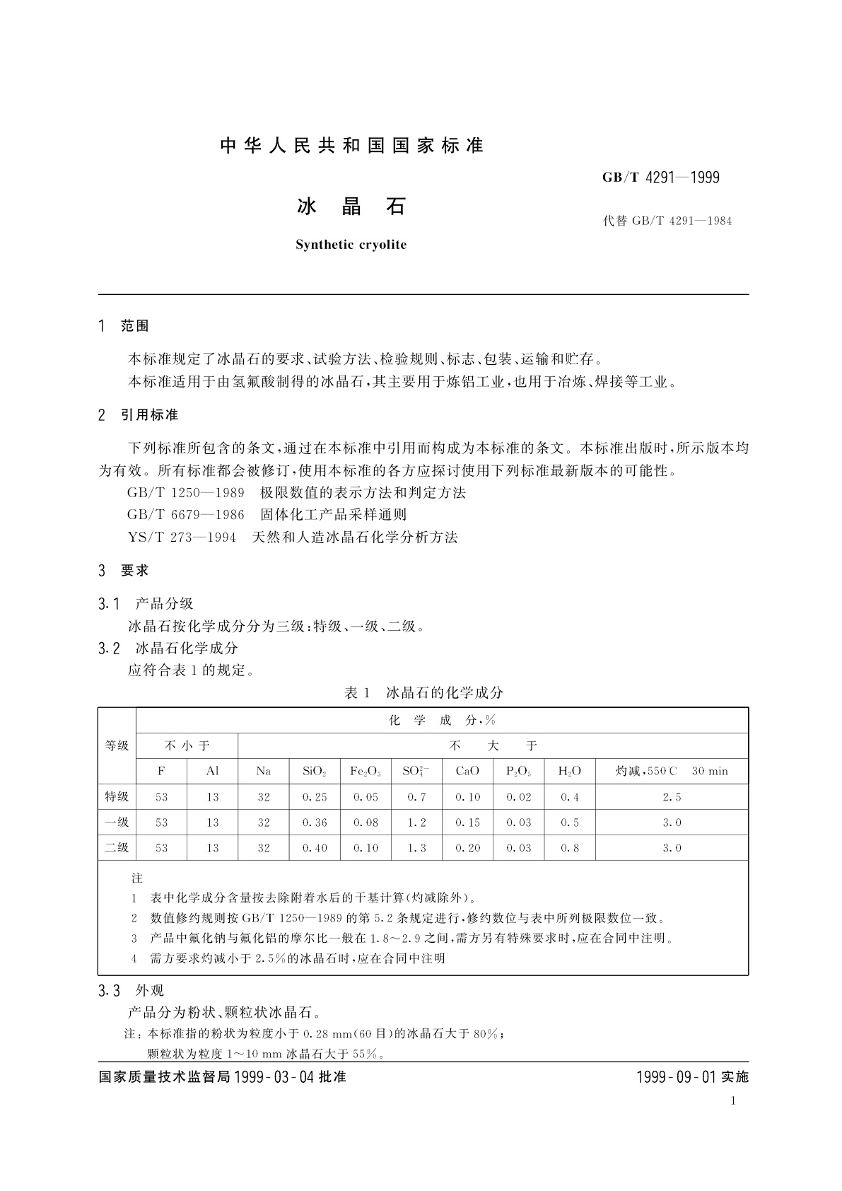 GB/T 4291-1999 冰晶石