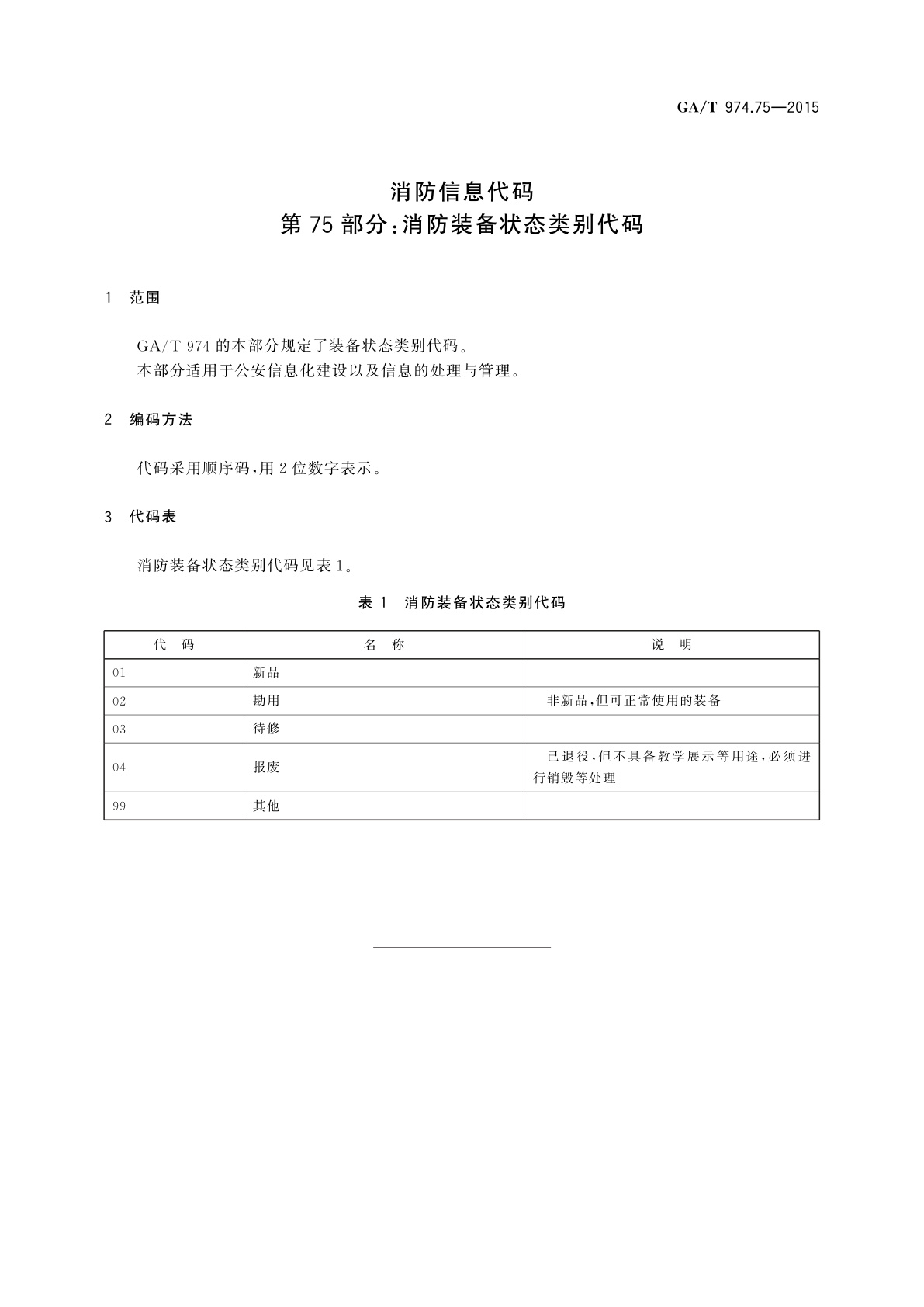 GA/T 974.75-2015 消防信息代码　第75部分：消防装备状态类别代码