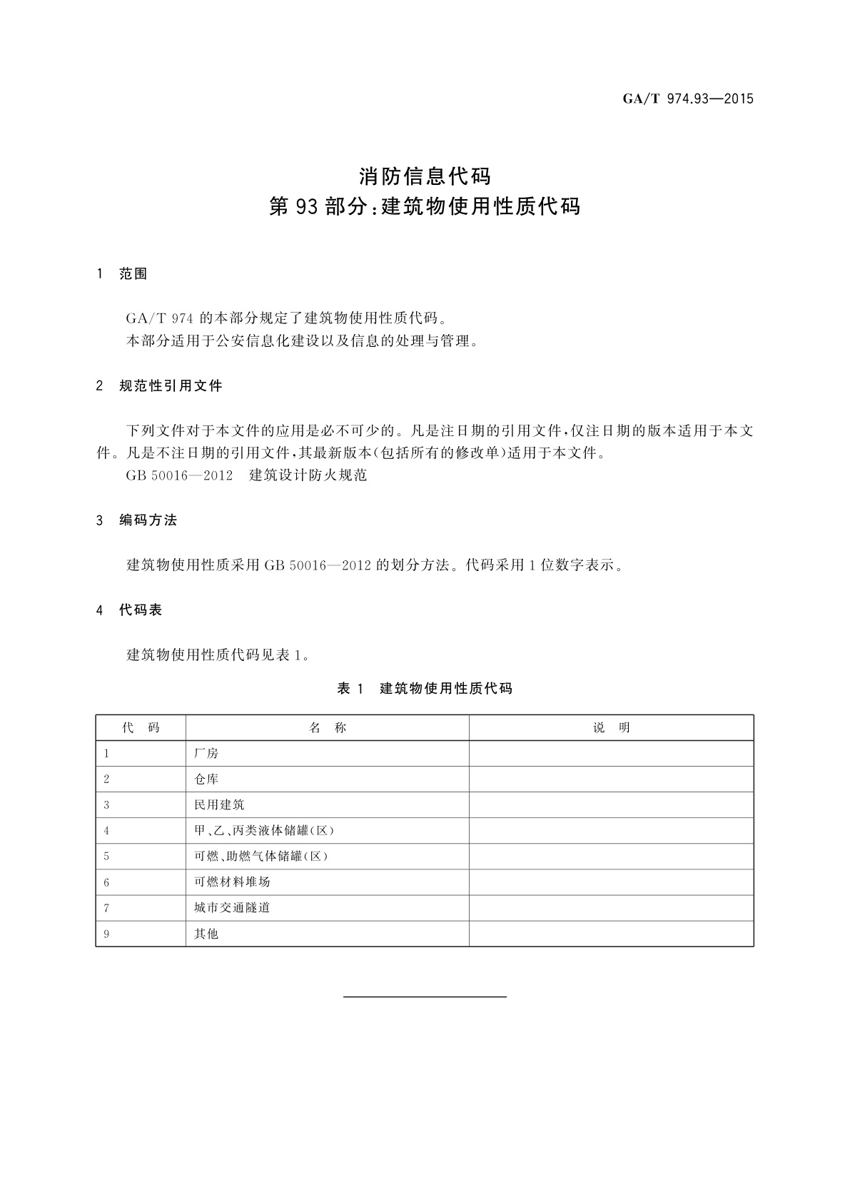GA/T 974.93-2015 消防信息代码　第93部分：建筑物使用性质代码