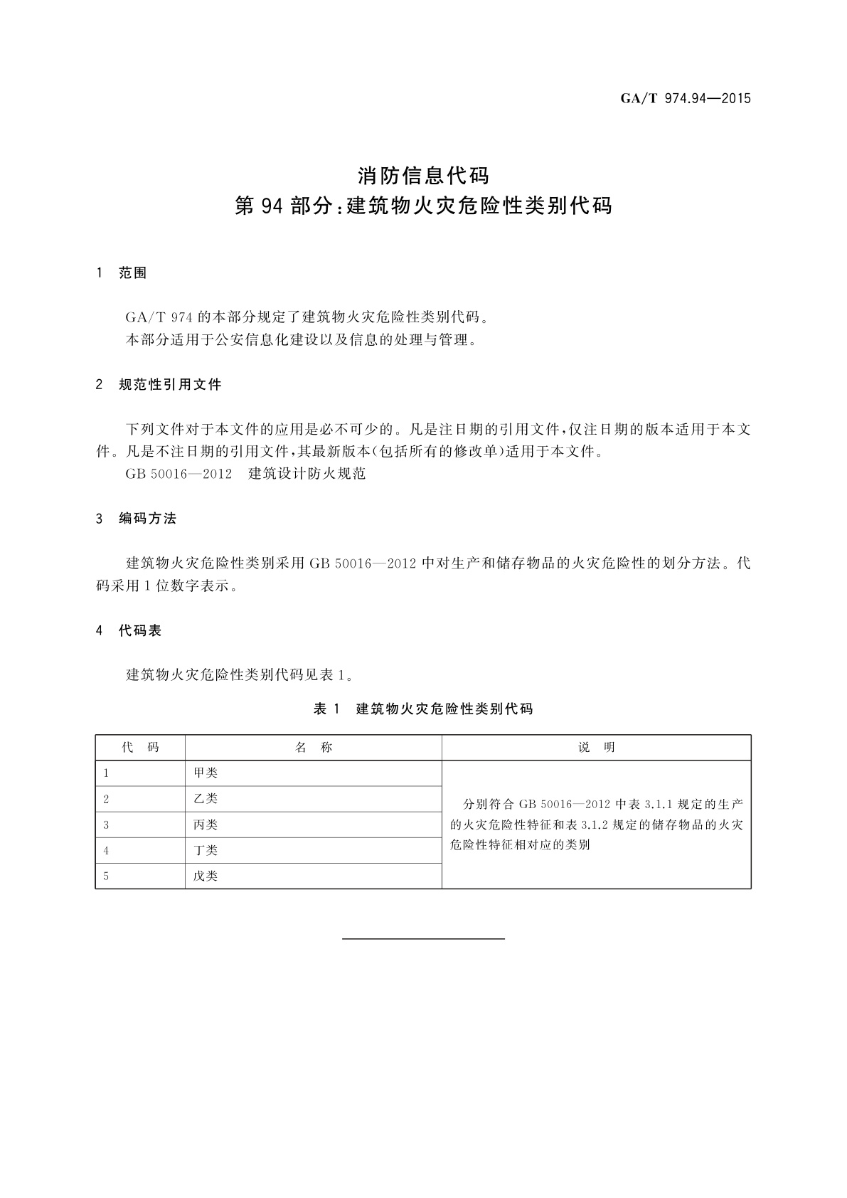 GA/T 974.94-2015 消防信息代码　第94部分：建筑物火灾危险性类别代码