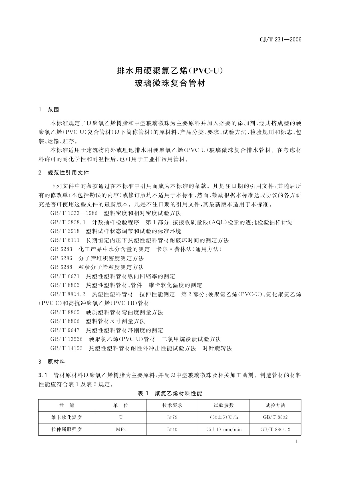 CJ/T 231-2006 排水用硬聚氯乙烯(PVC-U)玻璃微珠复合管材