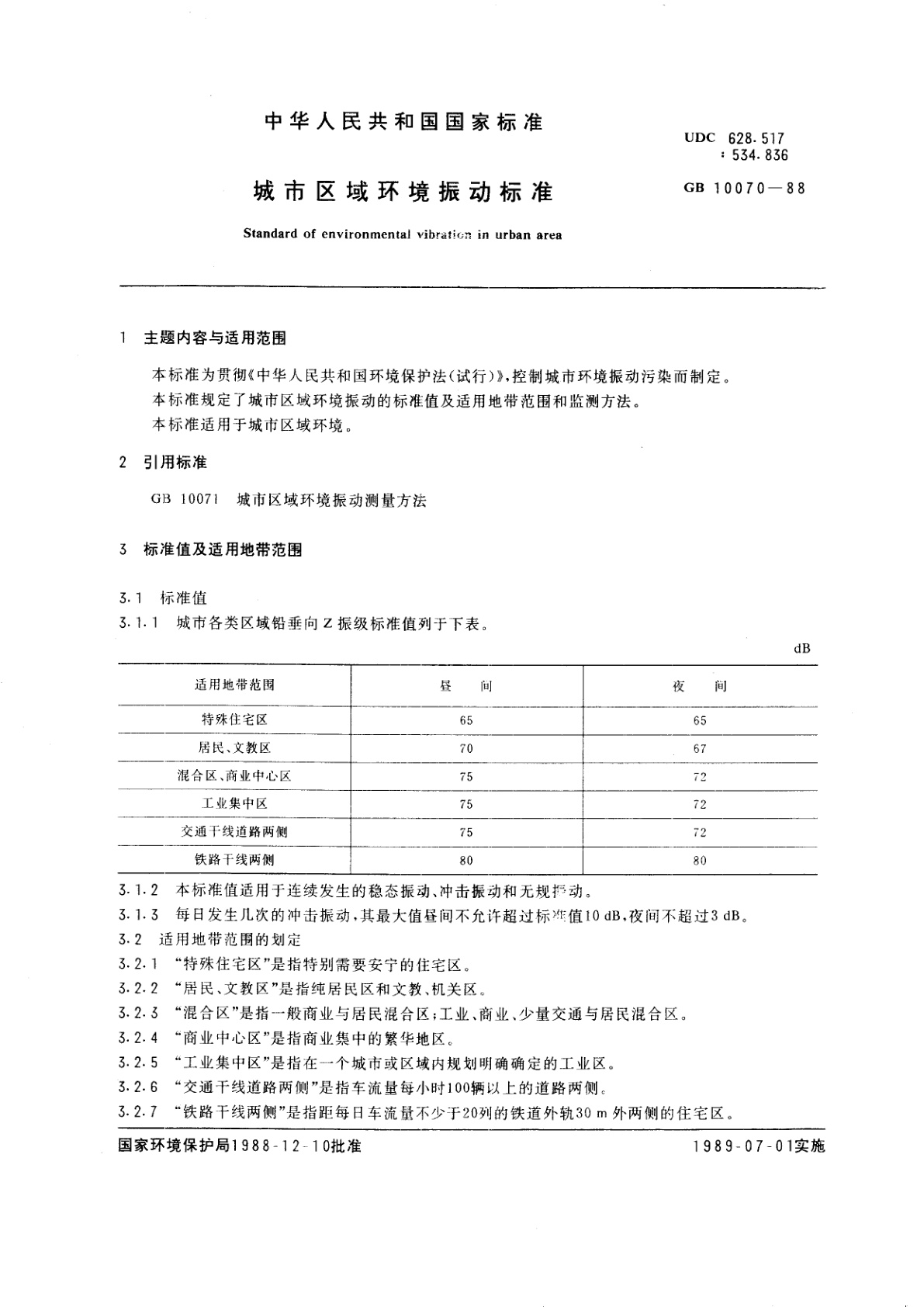 GB 10070-1988 城市区域环境振动标准