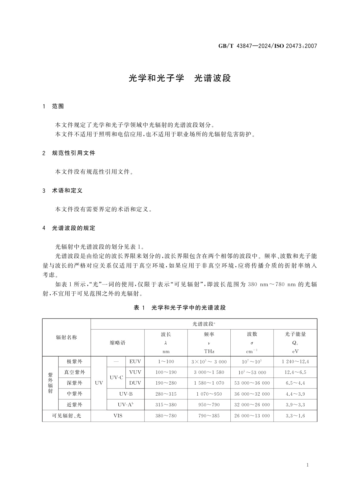 GB/T 43847-2024 光学和光子学　光谱波段