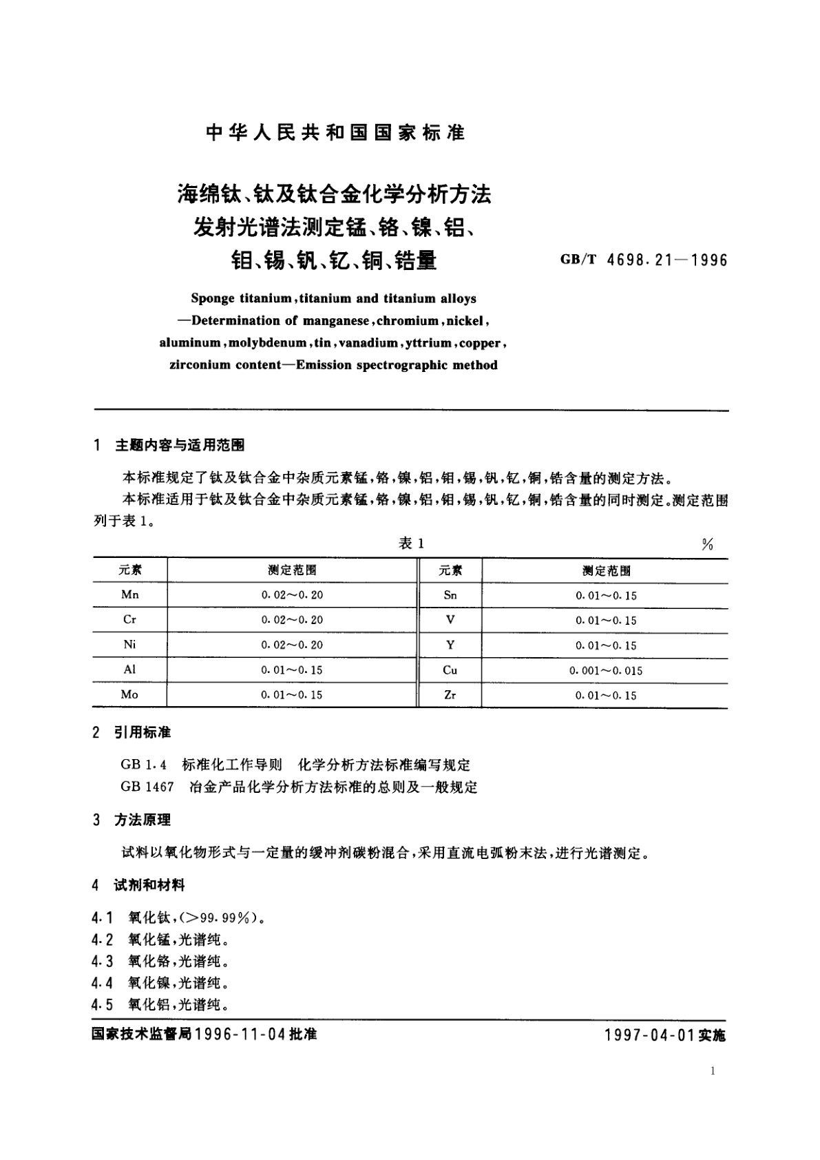 GB/T 4698.21-1996 海绵钛、钛及钛合金化学分析方法　发射光谱法测定锰、铬、镍、铝、钼、锡、钒、钇、铜、锆量