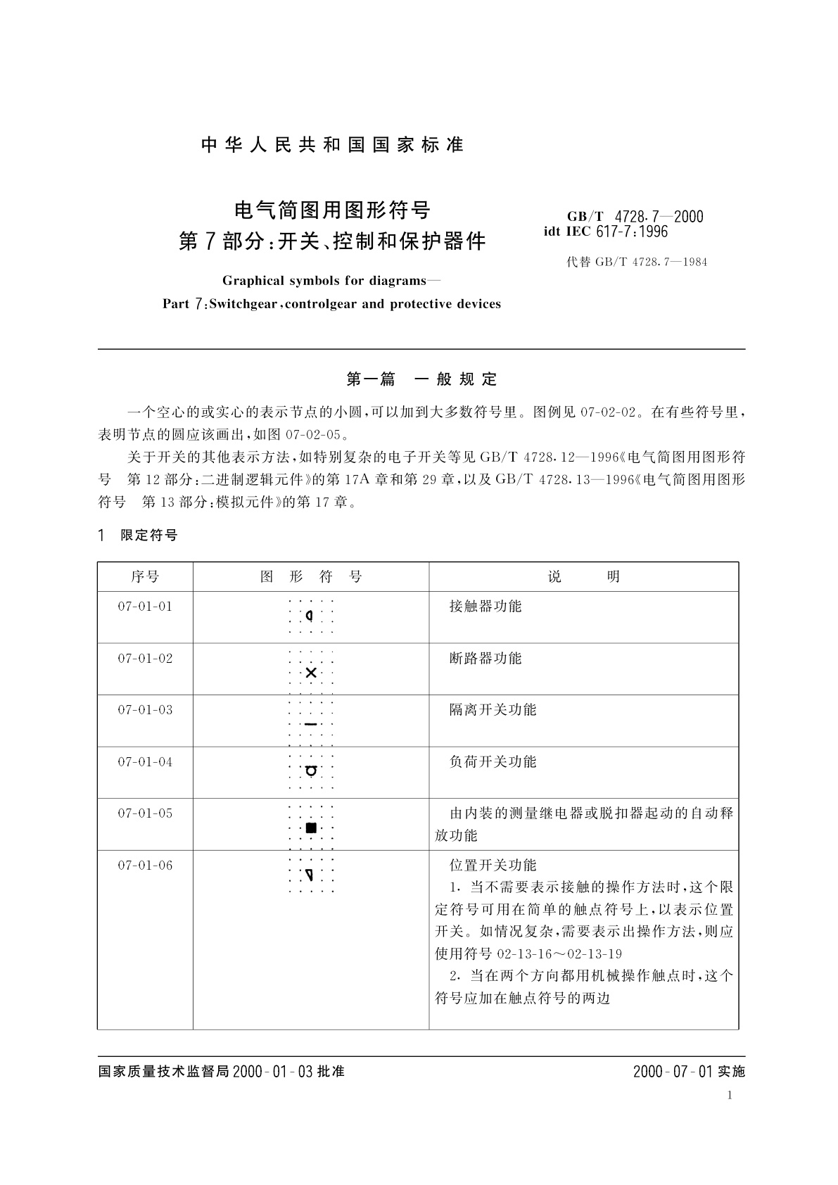 GB/T 4728.7-2000 电气简图用图形符号　第7部分：开关、控制和保护器件