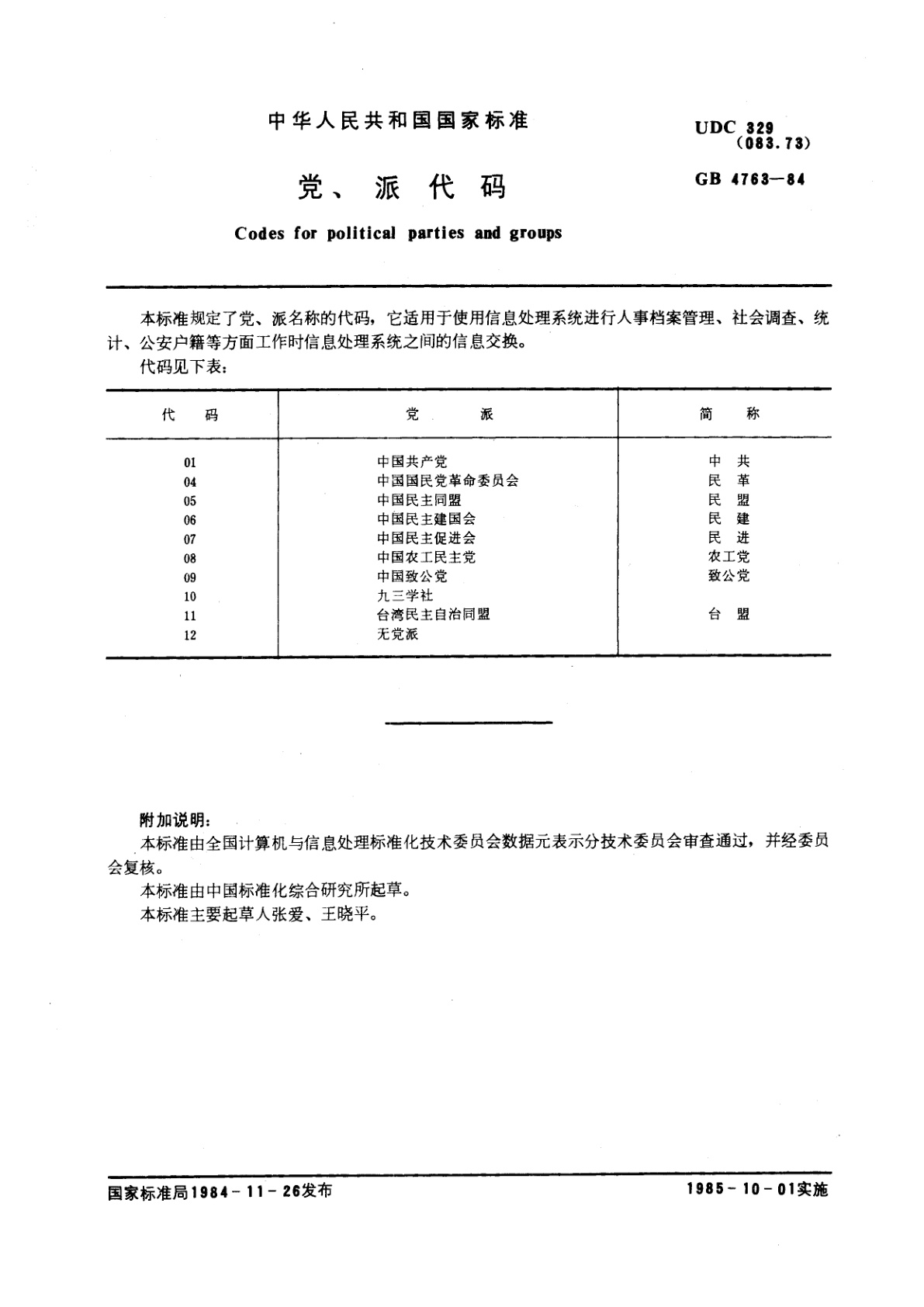 GB/T 4763-1984 党、派代码
