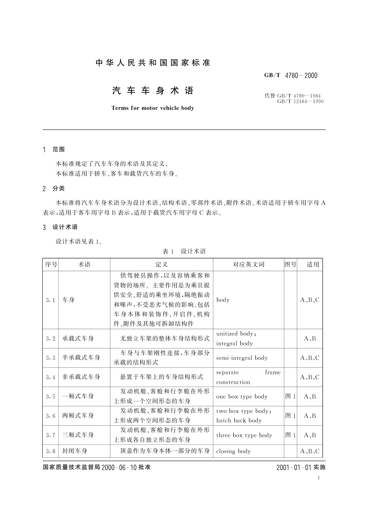 GB/T 4780-2000 汽车车身术语
