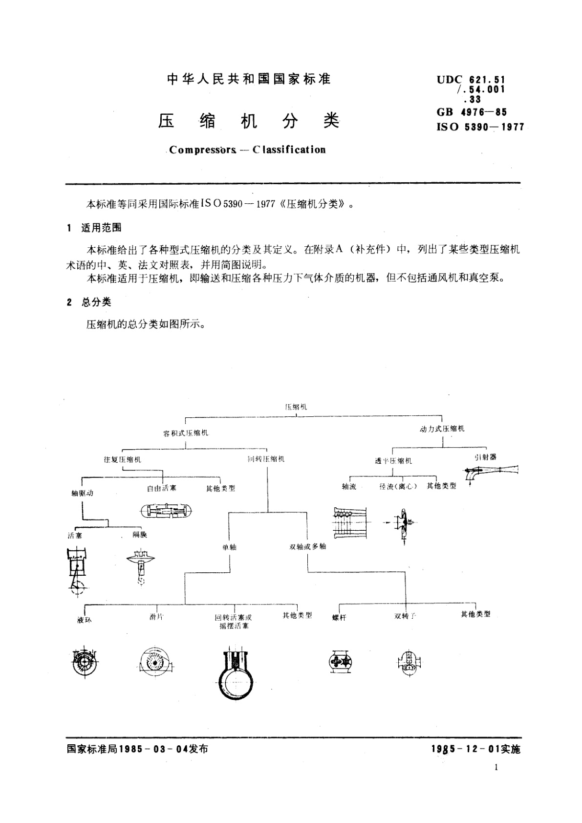 GB/T 4976-1985 压缩机分类