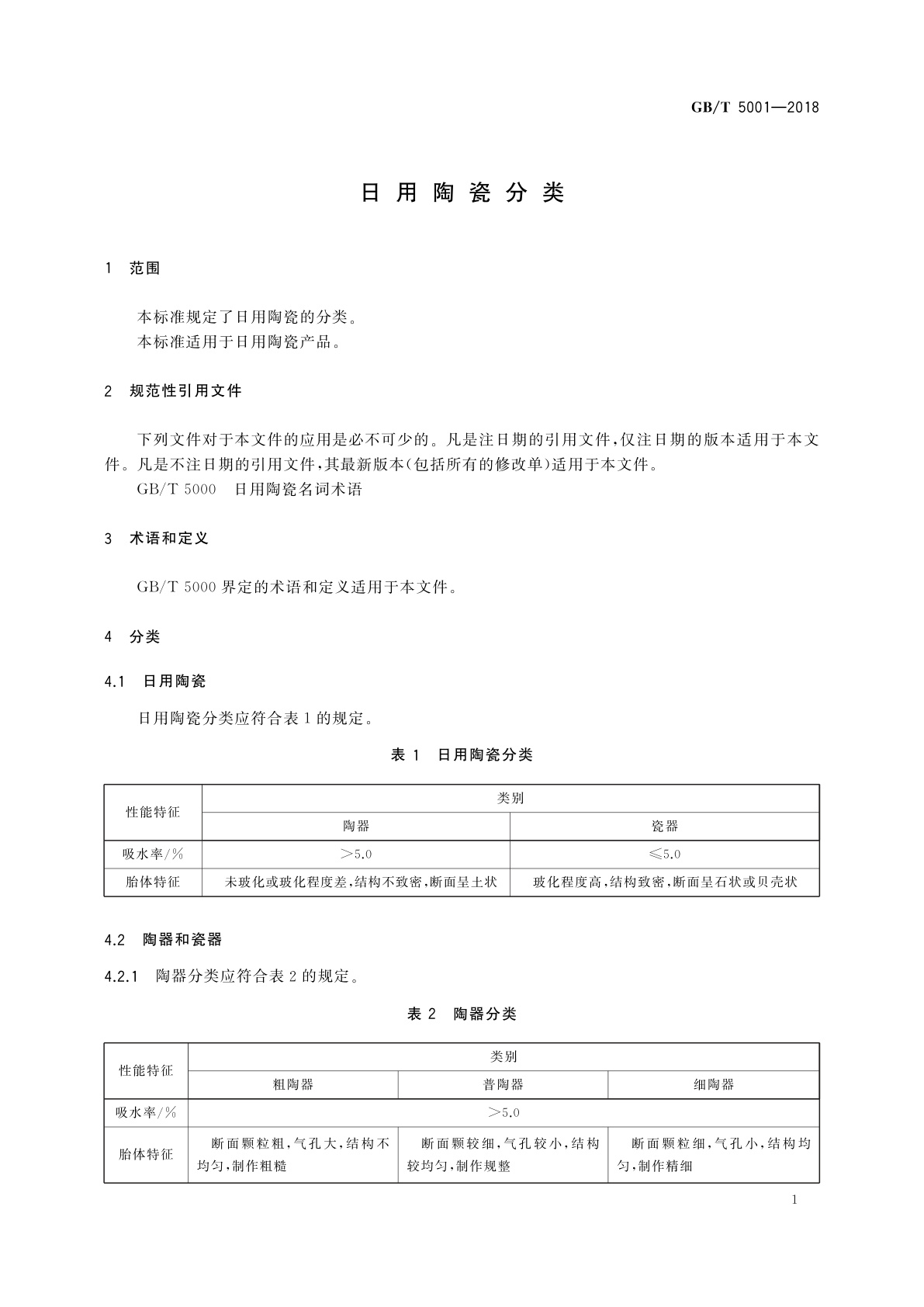 GB/T 5001-2018 日用陶瓷分类