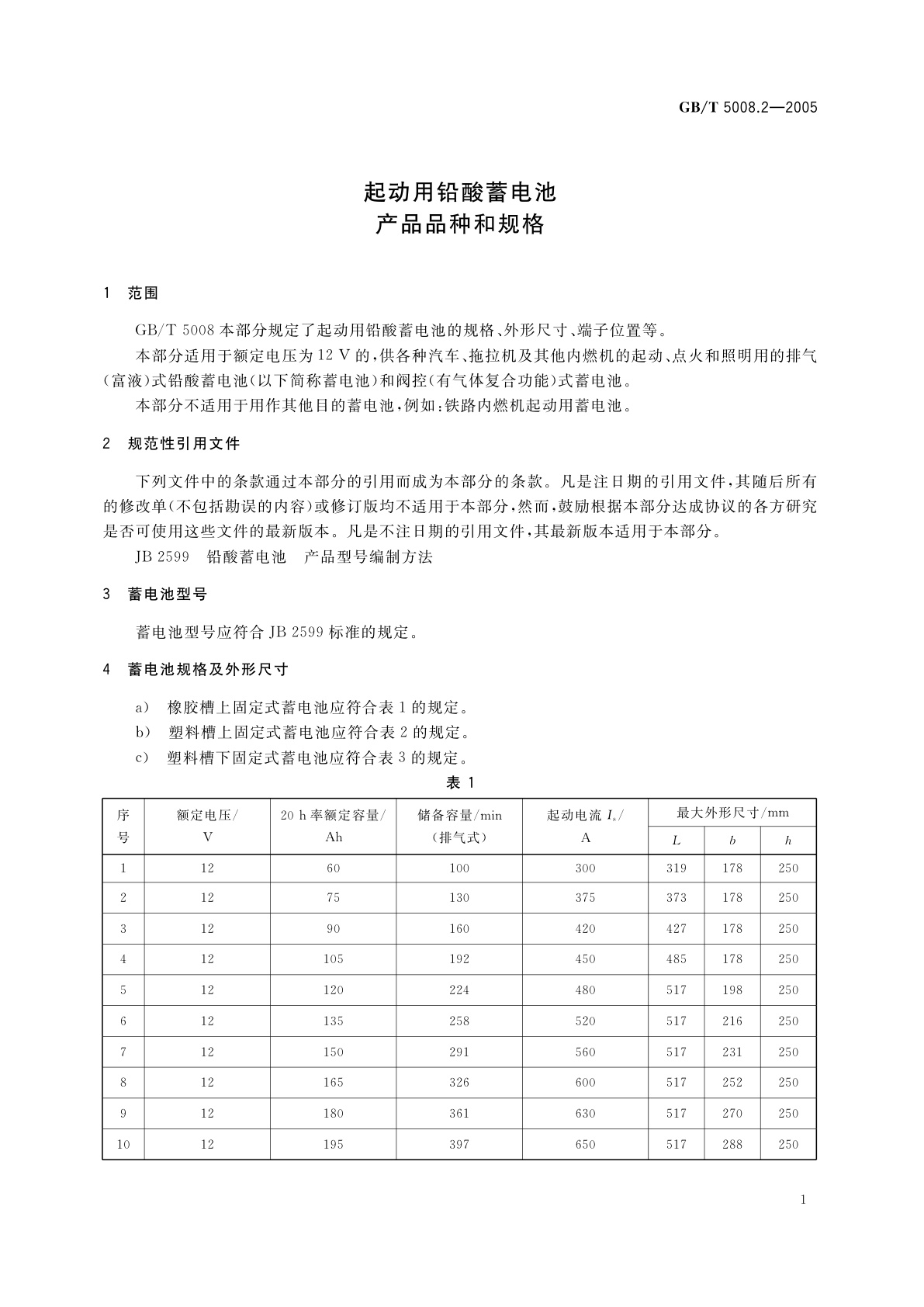 GB/T 5008.2-2005 起动用铅酸蓄电池　产品品种和规格