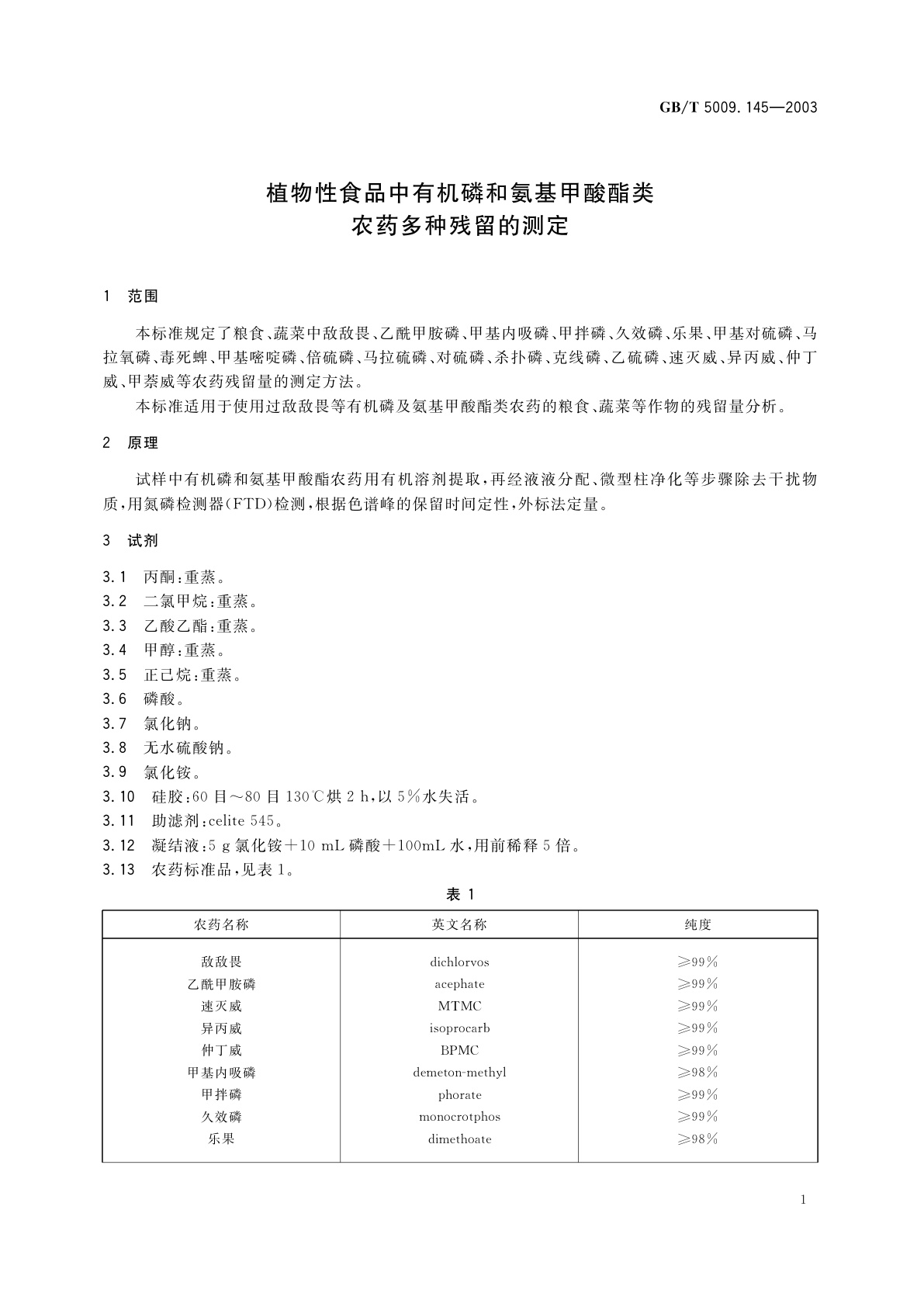 GB/T 5009.145-2003 植物性食品中有机磷和氨基甲酸脂类农药多种残留的测定