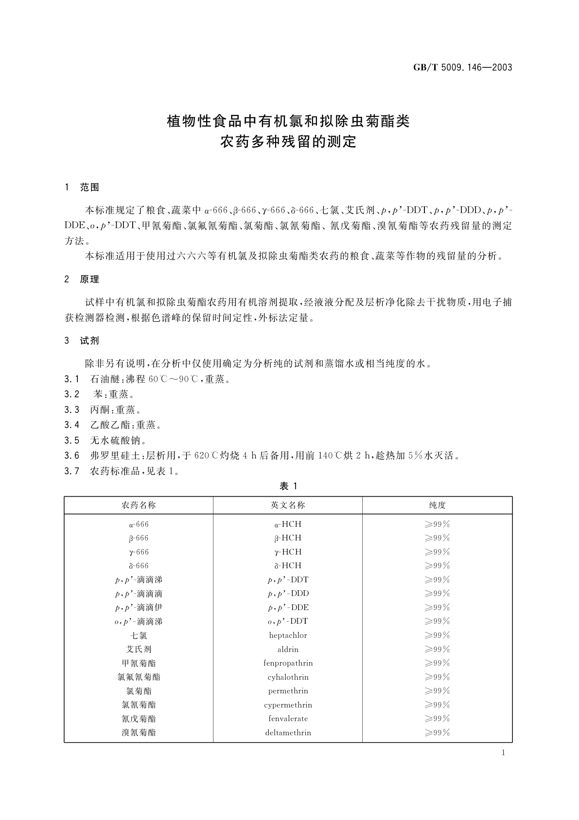 GB/T 5009.146-2003 植物性食品中有机氯和拟除虫菊酯类农药多种残留的测定