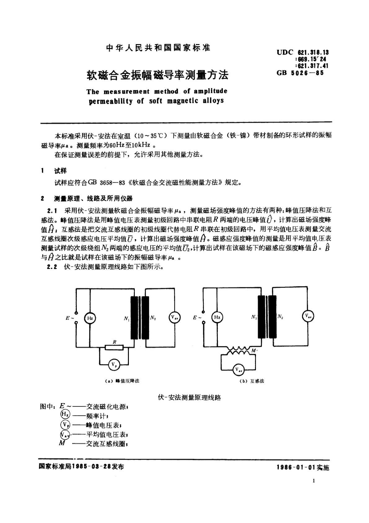 GB/T 5026-1985 软磁合金振幅磁导率测量方法