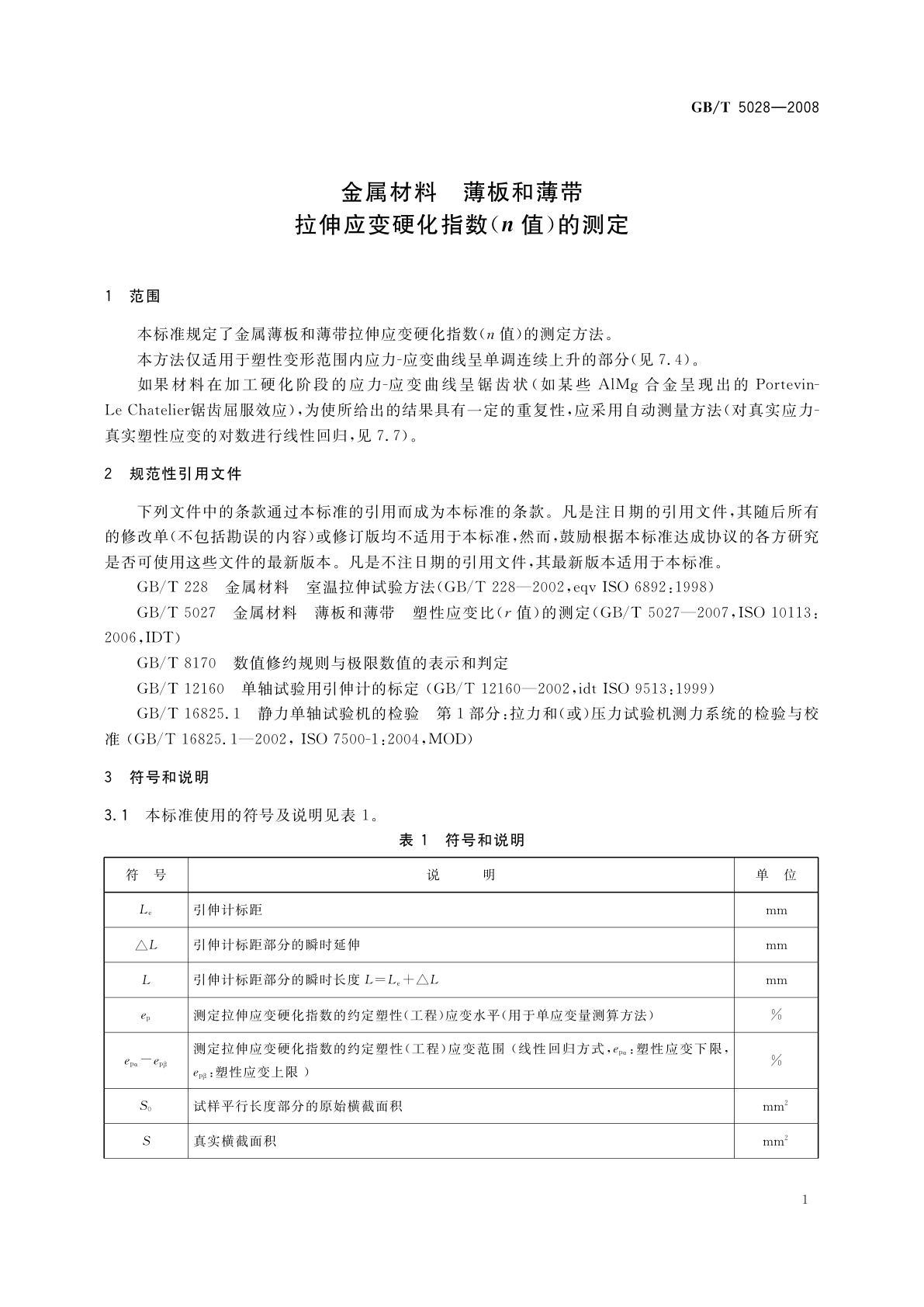 GB/T 5028-2008 金属材料　薄板和薄带　拉伸应变硬化指数(n值)的测定