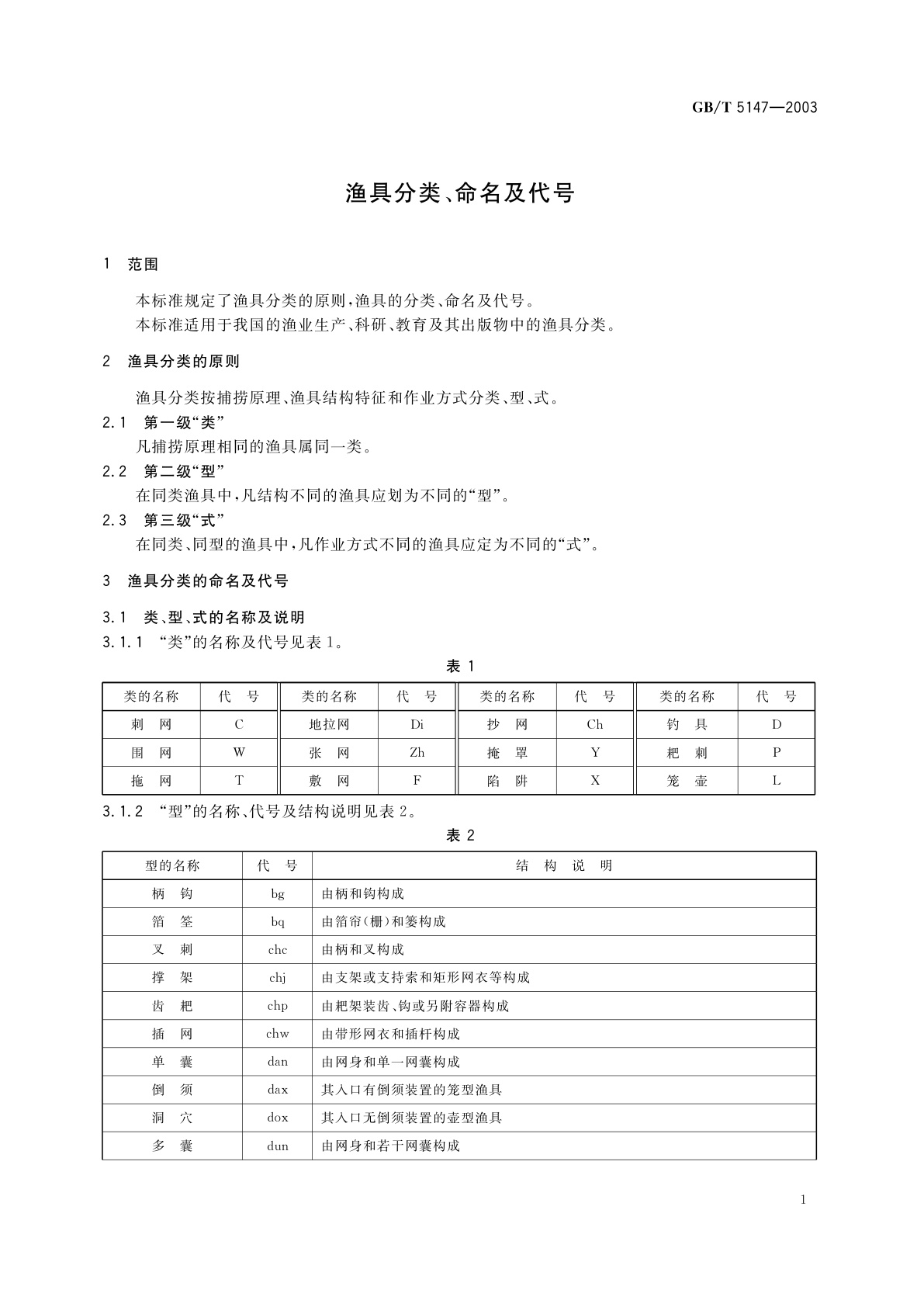 GB/T 5147-2003 渔具分类、命名及代号