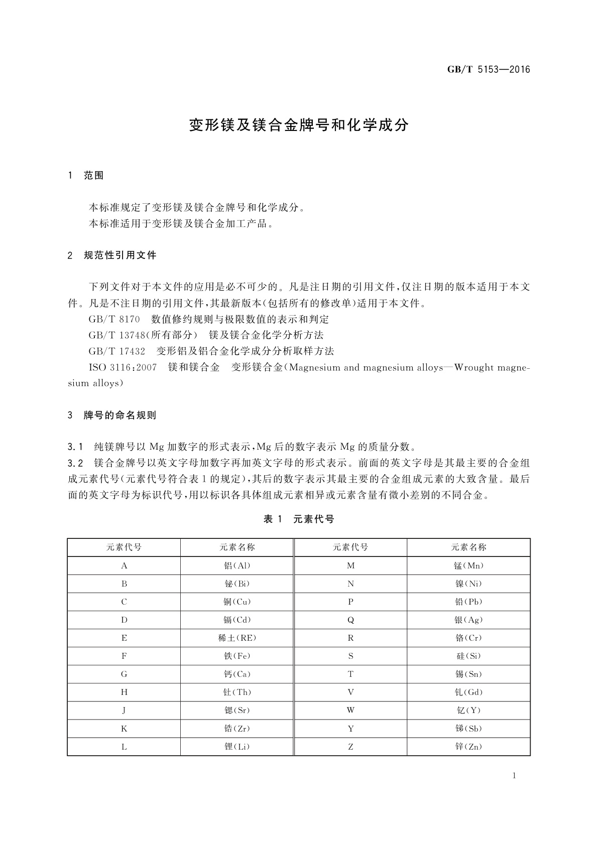 GB/T 5153-2016 变形镁及镁合金牌号和化学成分