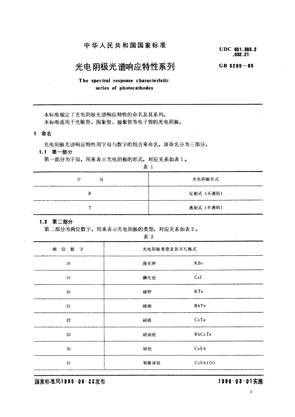 GB/T 5295-1985 光电阴极光谱响应特性系列