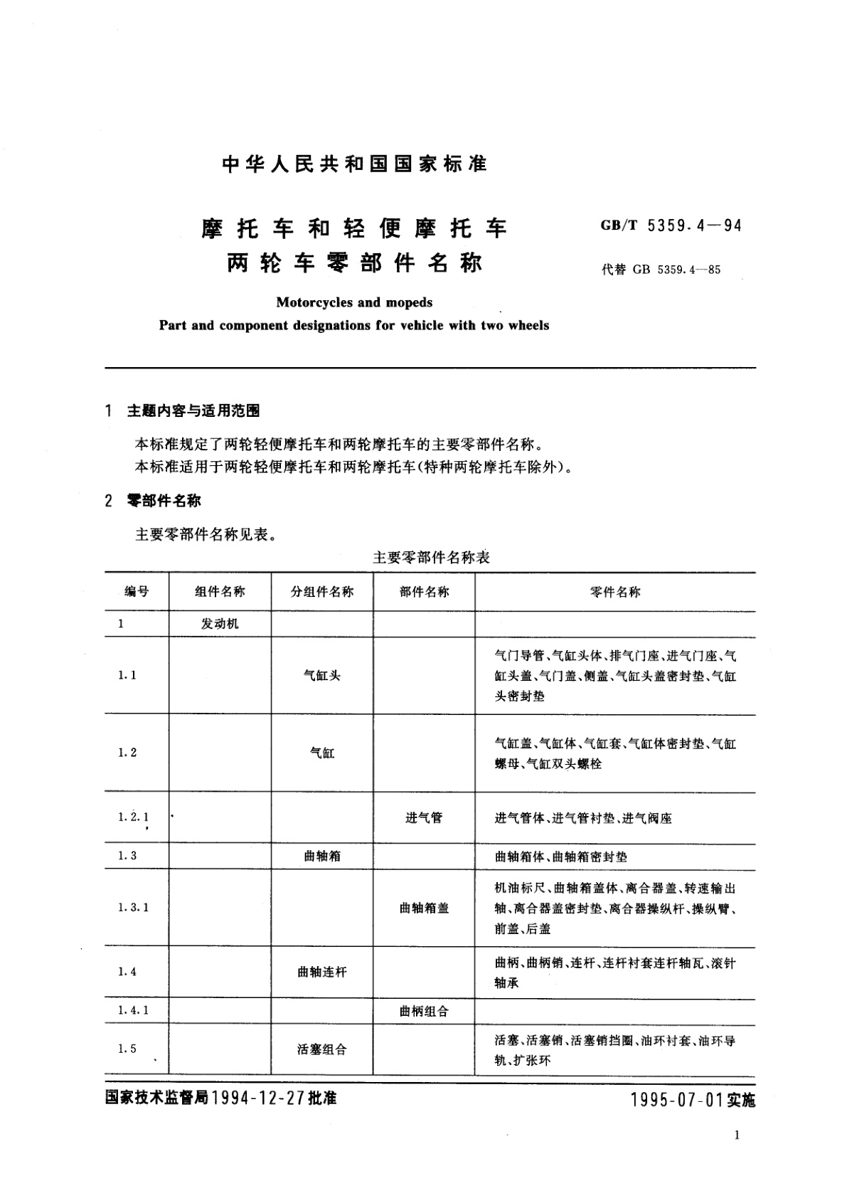 GB/T 5359.4-1994 摩托车和轻便摩托车两轮车零部件名称