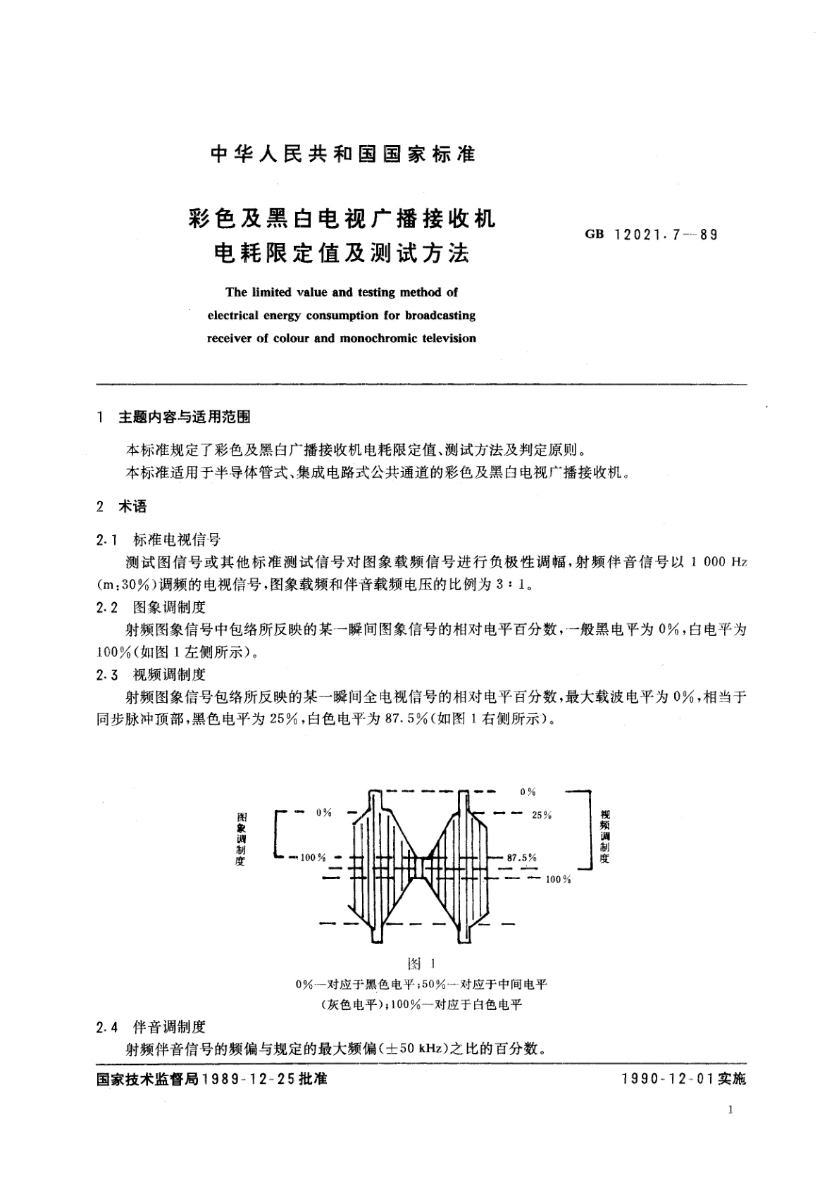 GB 12021.7-1989 彩色及黑白电视广播接收机电耗限定值及测试方法