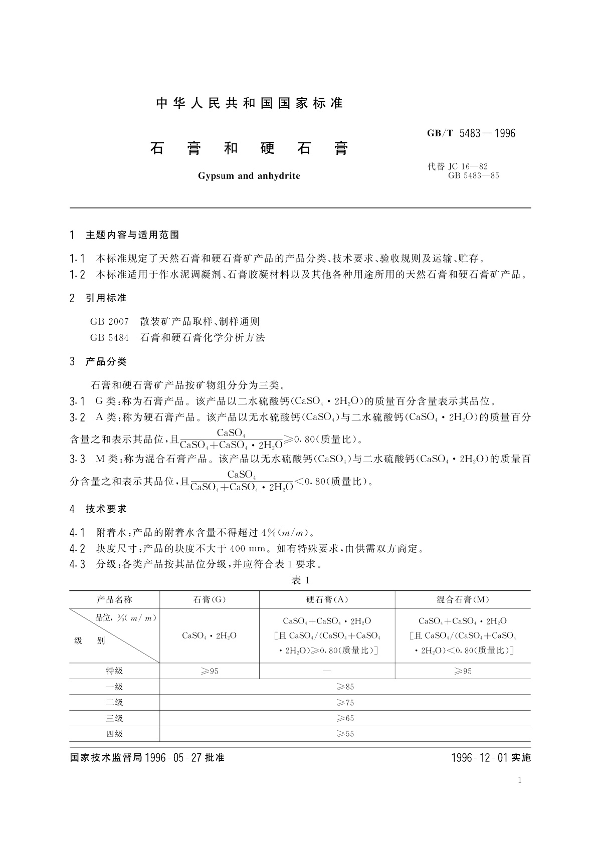 GB/T 5483-1996 石膏和硬石膏
