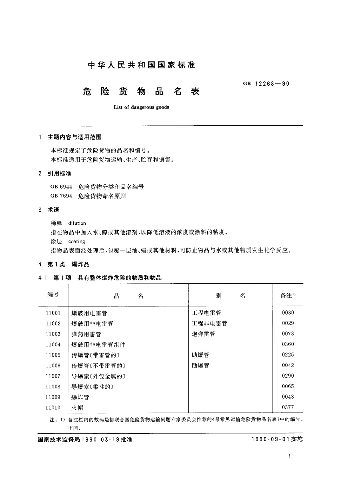 GB 12268-1990 危险货物品名表