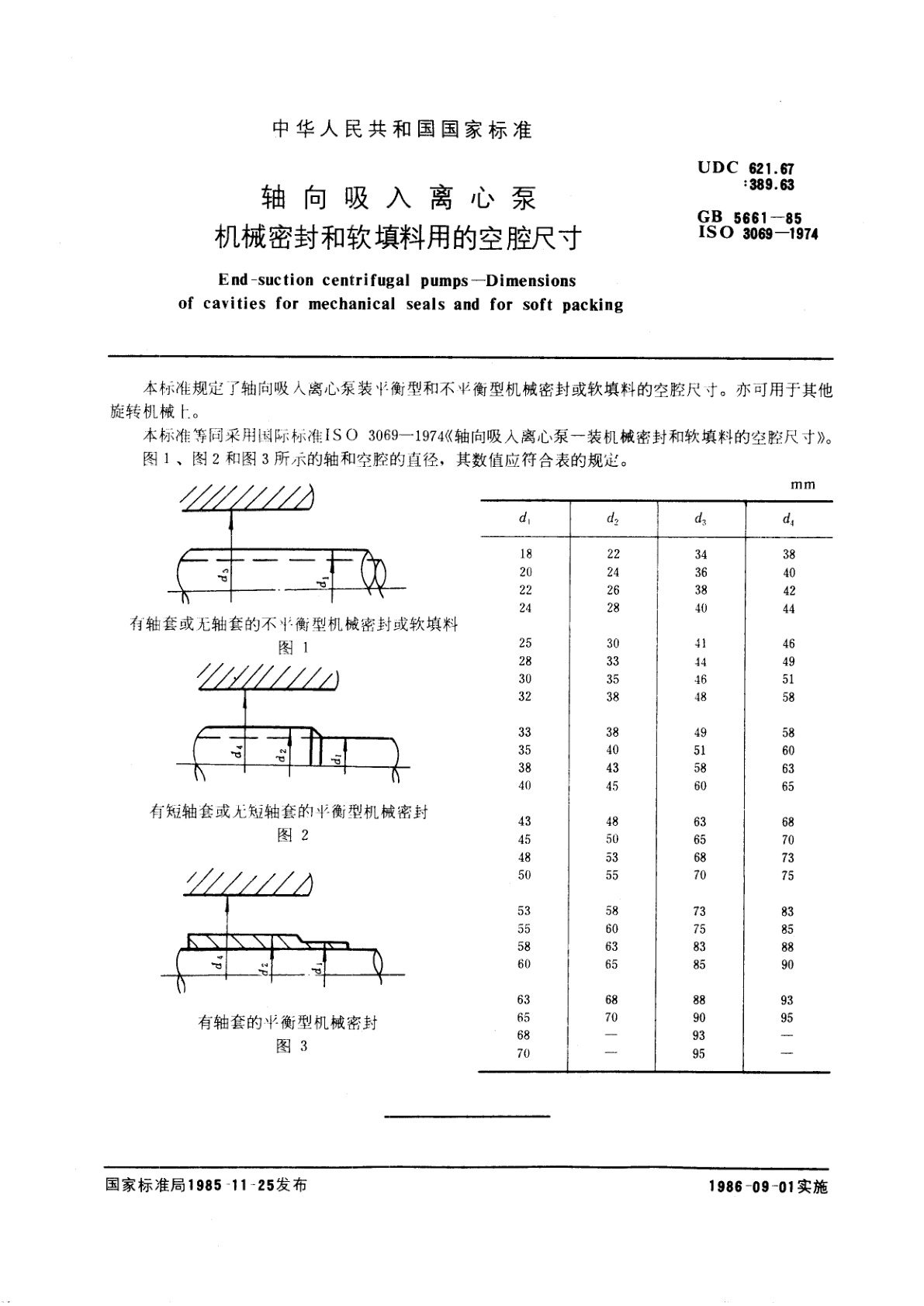 GB/T 5661-1985 轴向吸入离心泵机械密封和软填料用的空腔尺寸