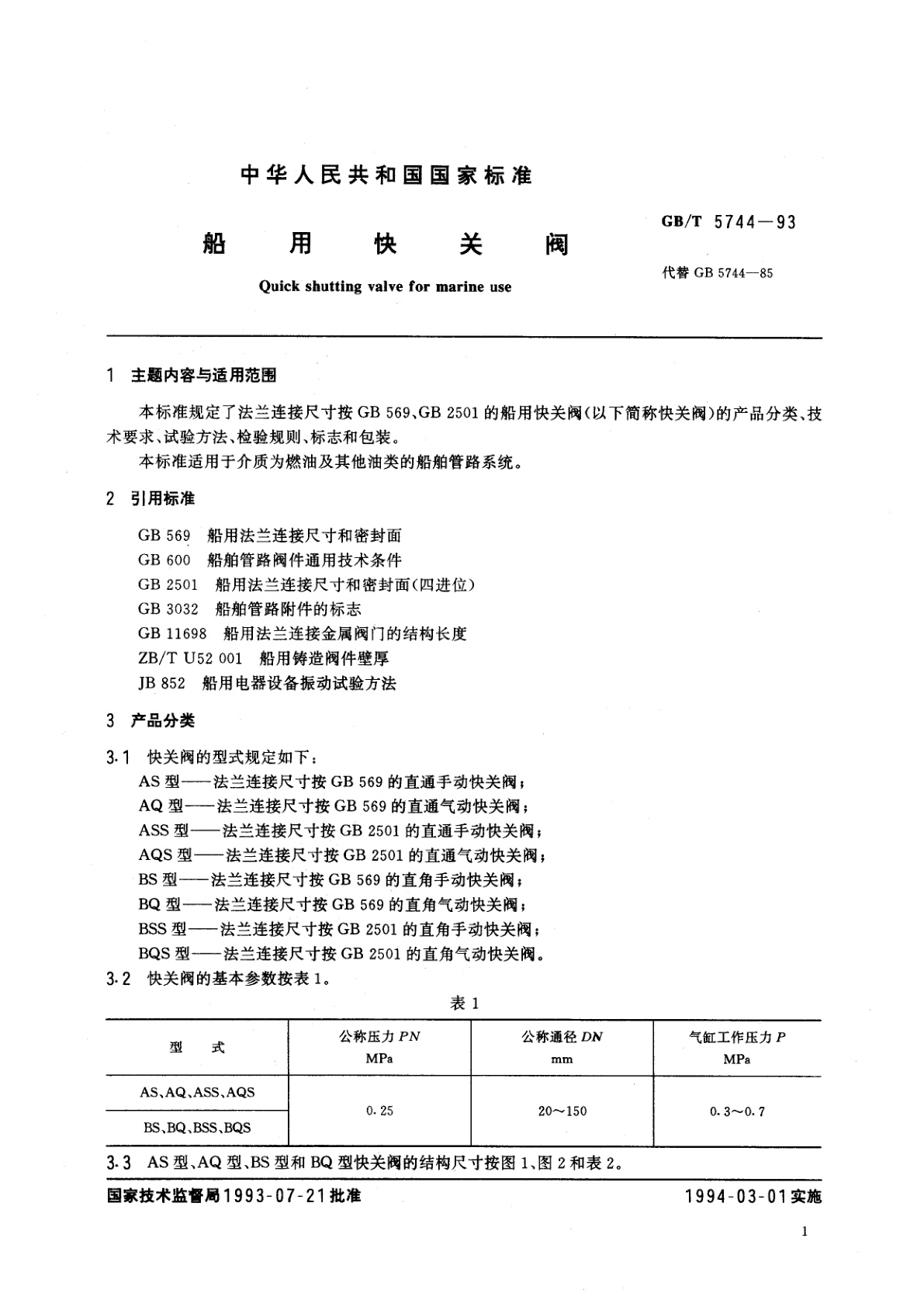 GB/T 5744-1993 船用快关阀
