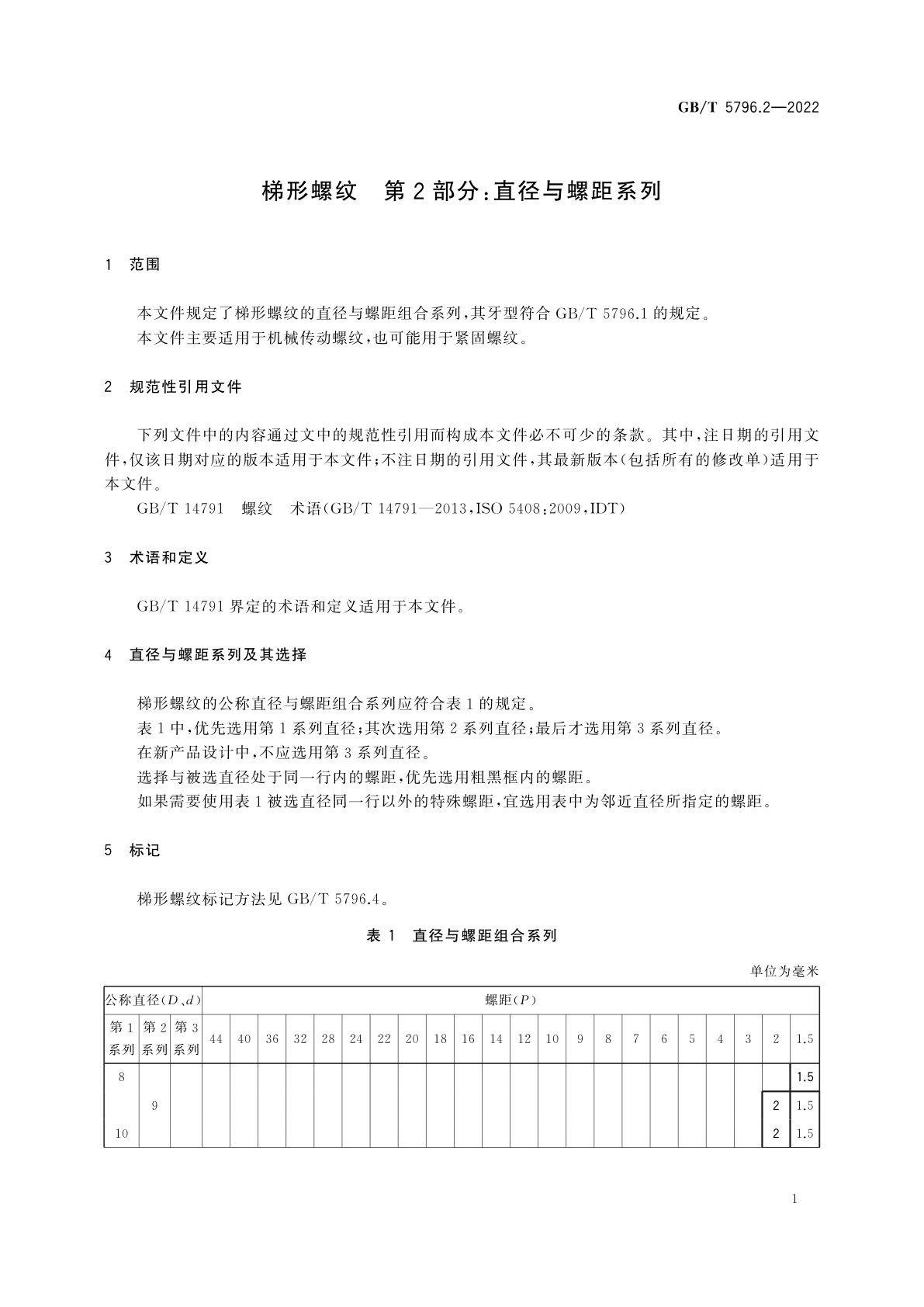 GB/T 5796.2-2022 梯形螺纹　第2部分：直径与螺距系列