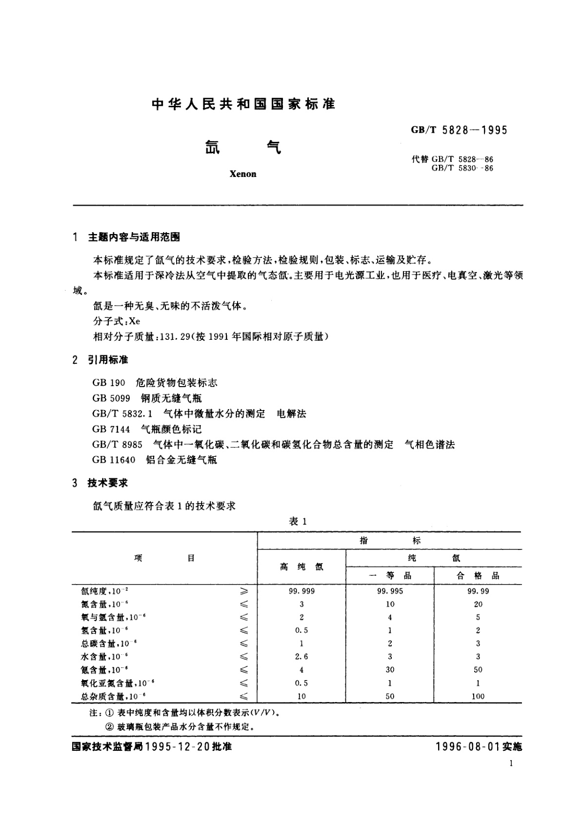 GB/T 5828-1995 氙气