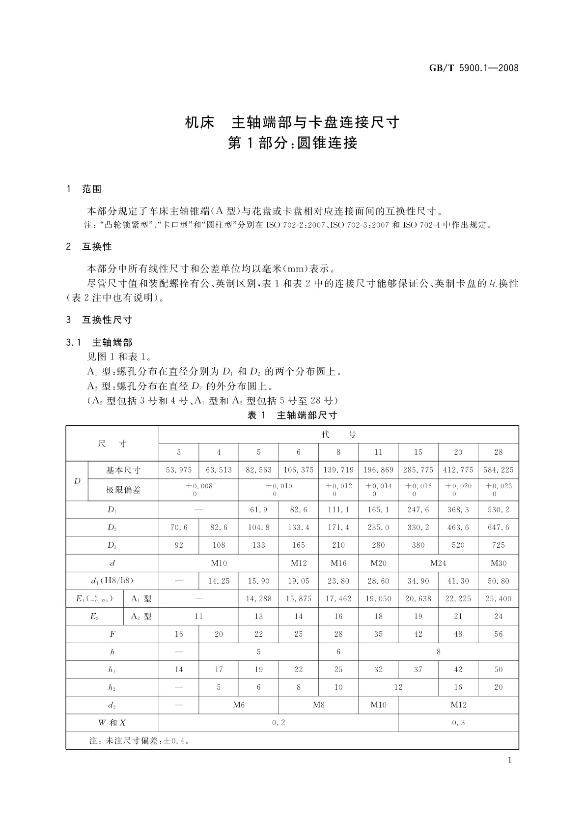 GB/T 5900.1-2008 机床　主轴端部与卡盘连接尺寸　第1部分：圆锥连接