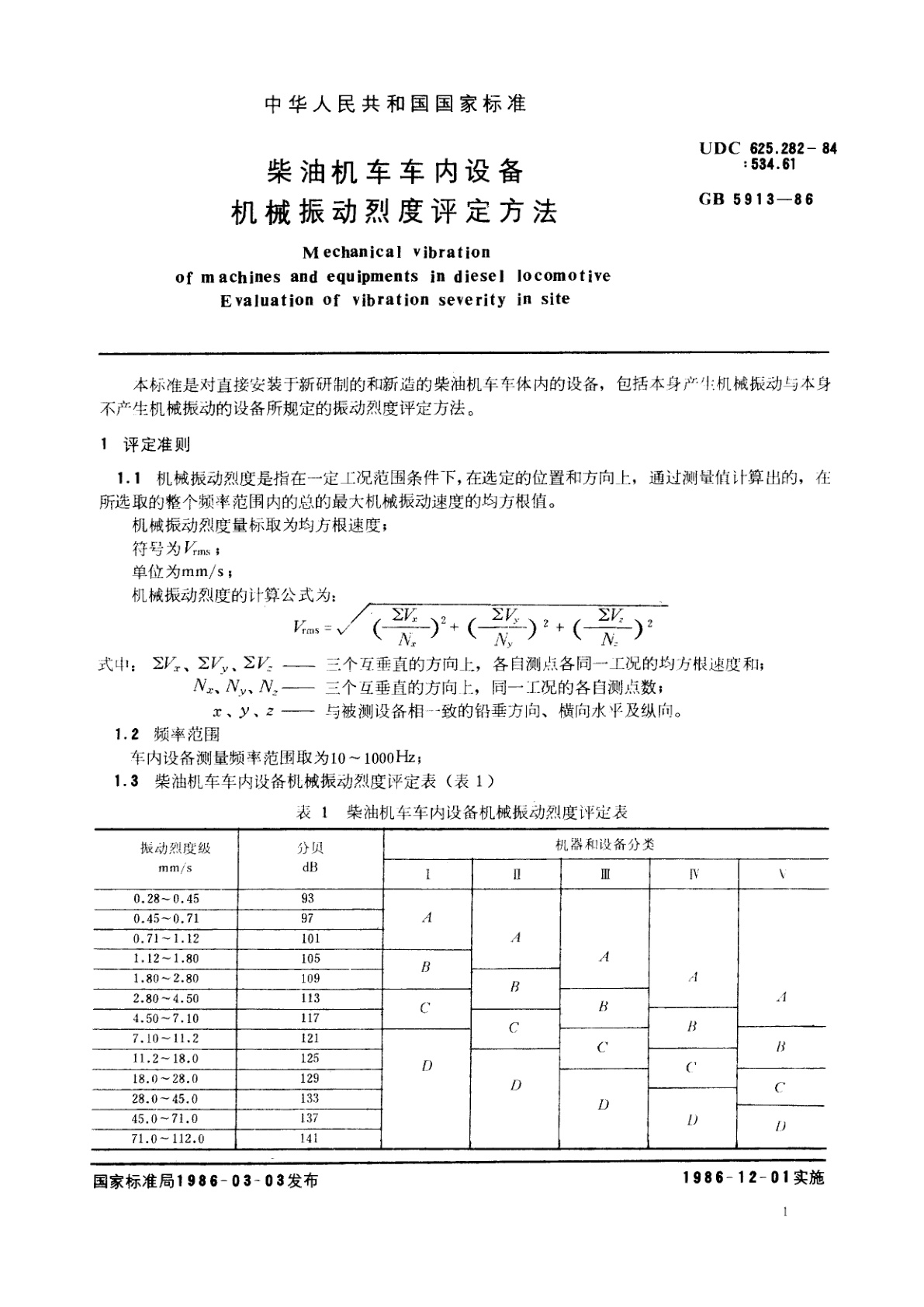 GB/T 5913-1986 柴油机车车内设备机械振动烈度评定方法