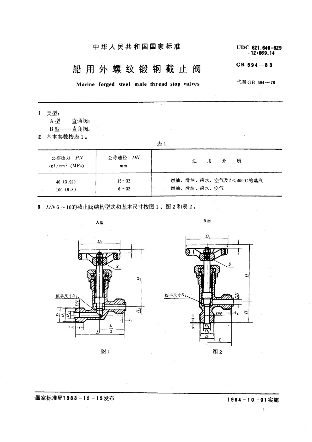 GB/T 594-1983 船用外螺纹锻钢截止阀