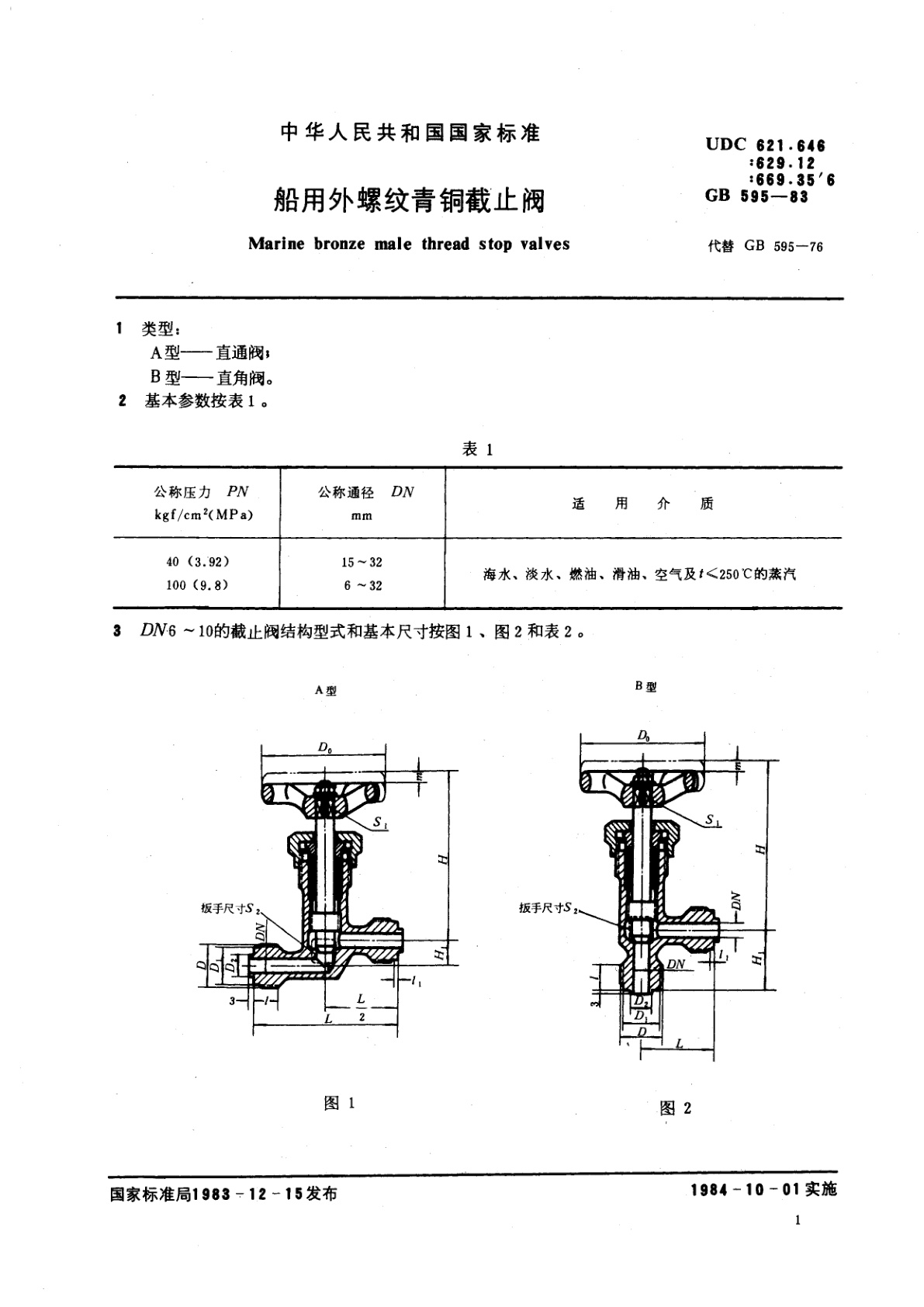 GB/T 595-1983 船用外螺纹青铜截止阀