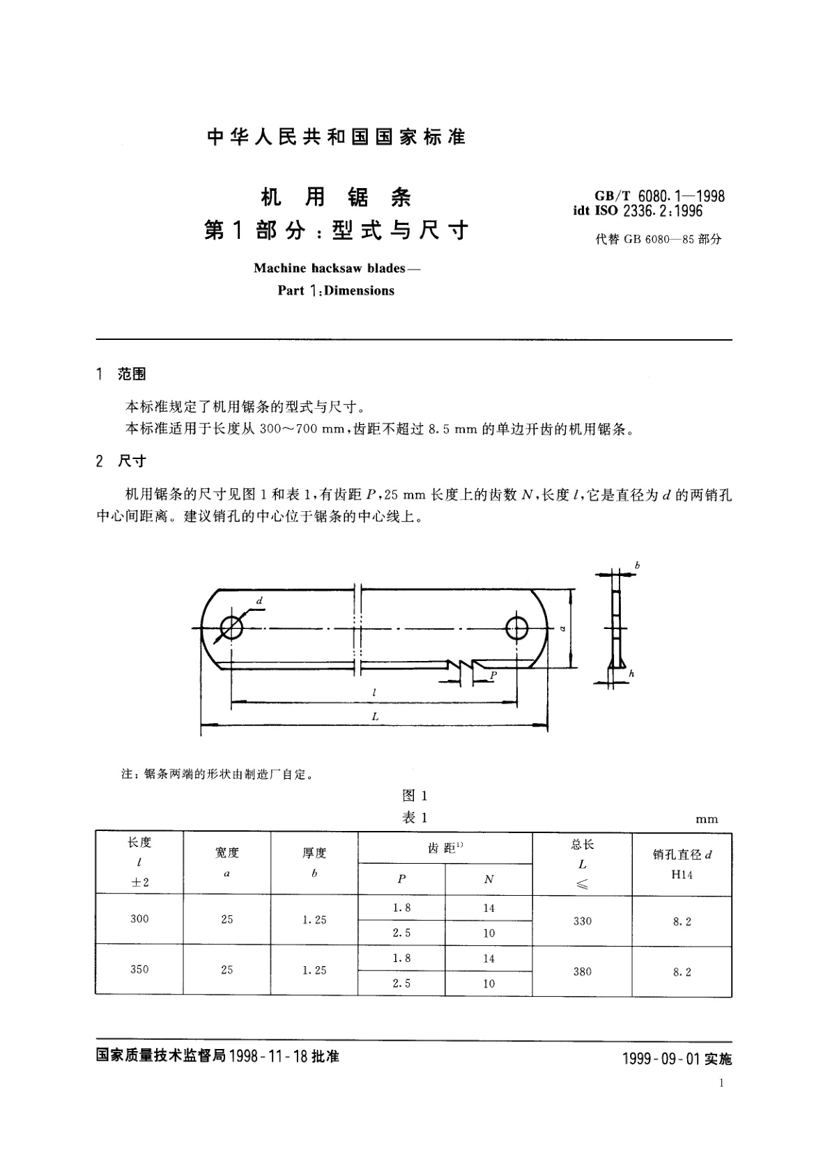 GB/T 6080.1-1998 机用锯条　第1部分：型式与尺寸