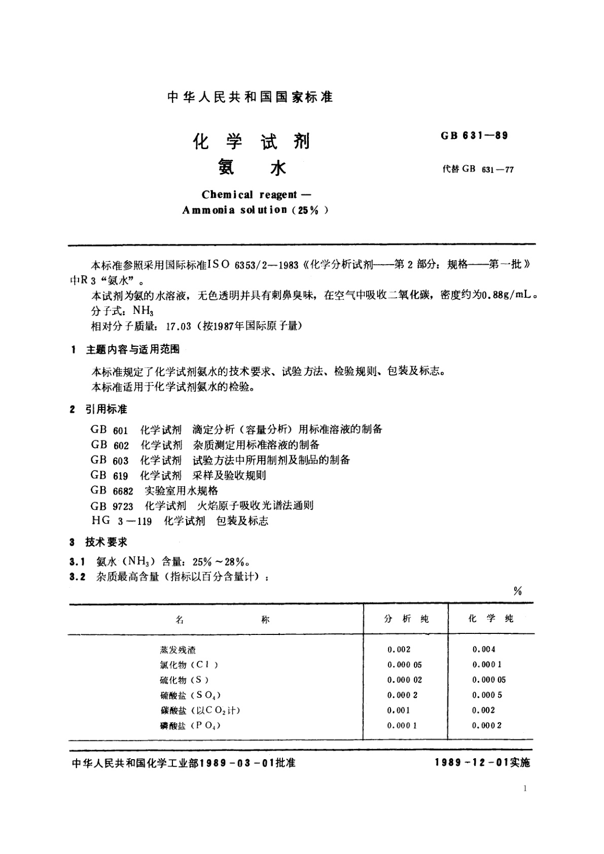 GB/T 631-1989 化学试剂　氨水