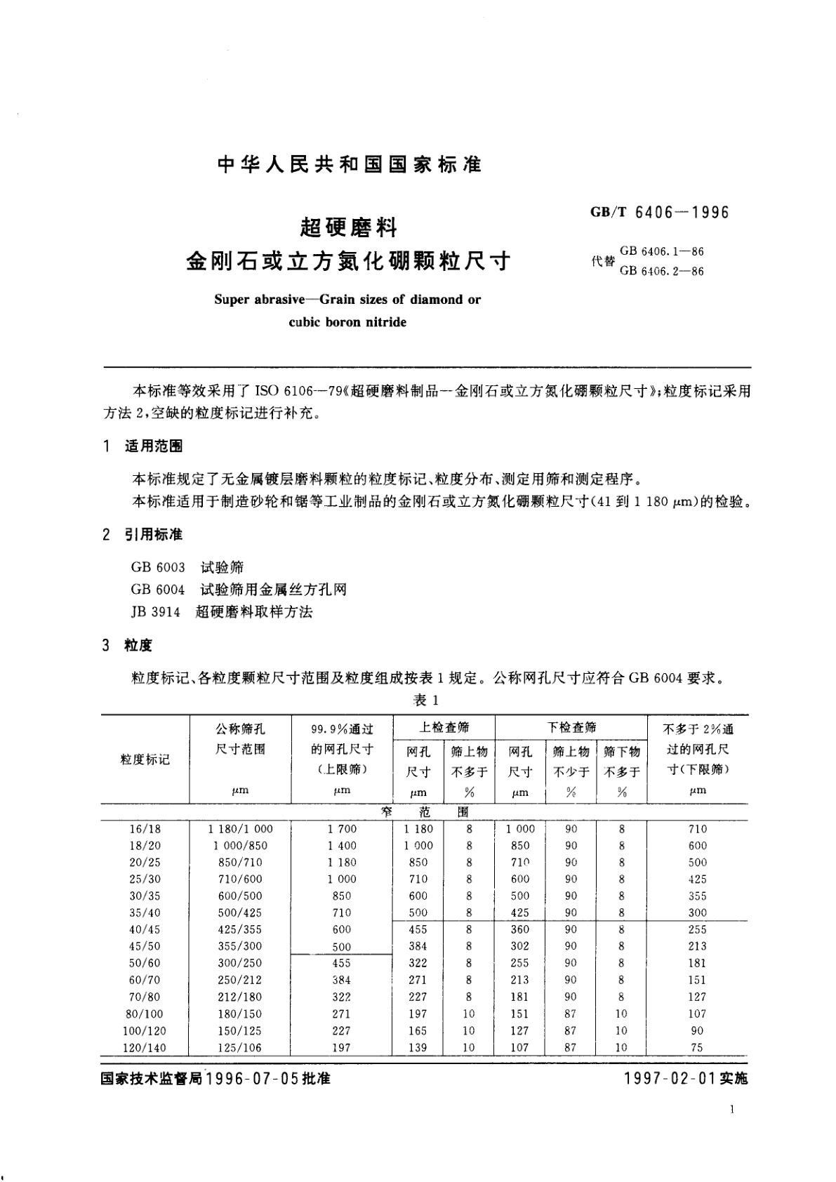 GB/T 6406-1996 超硬磨料　金刚石或立方氮化硼颗粒尺寸