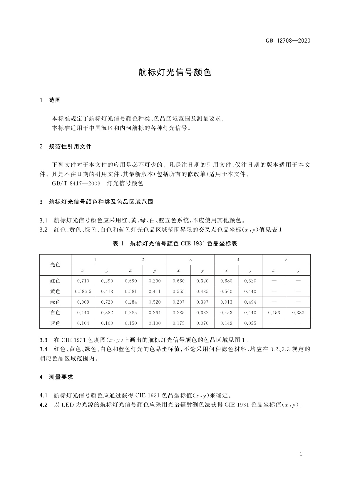 GB 12708-2020 航标灯光信号颜色