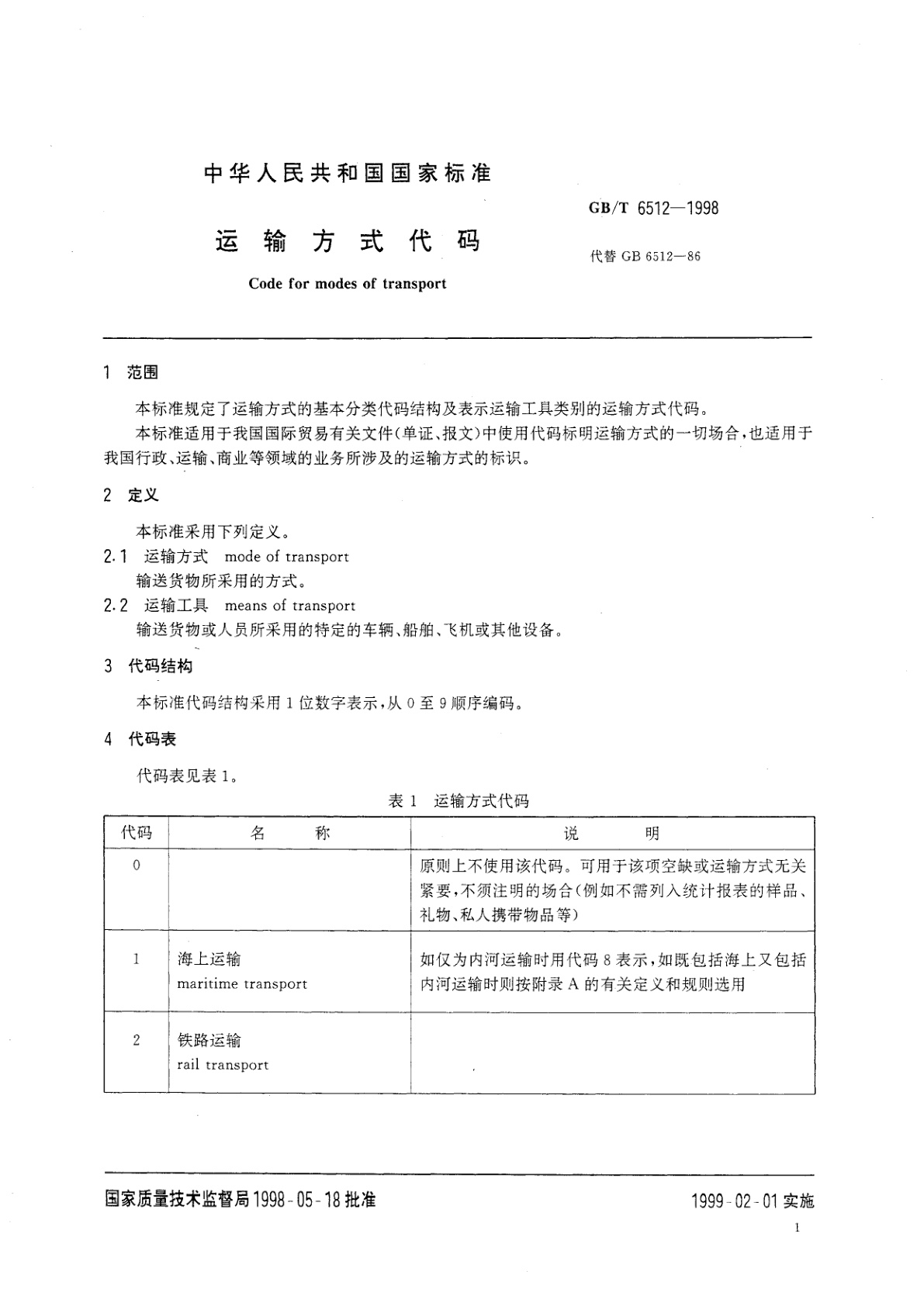 GB/T 6512-1998 运输方式代码
