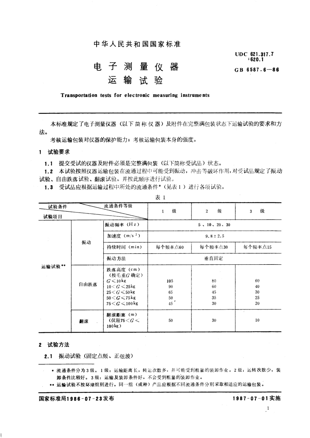 GB/T 6587.6-1986 电子测量仪器　运输试验