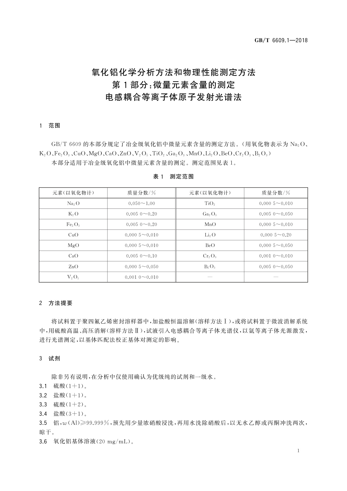 GB/T 6609.1-2018 氧化铝化学分析方法和物理性能测定方法　第1部分：微量元素含量的测定　电感耦合等离子体原子发射光谱法
