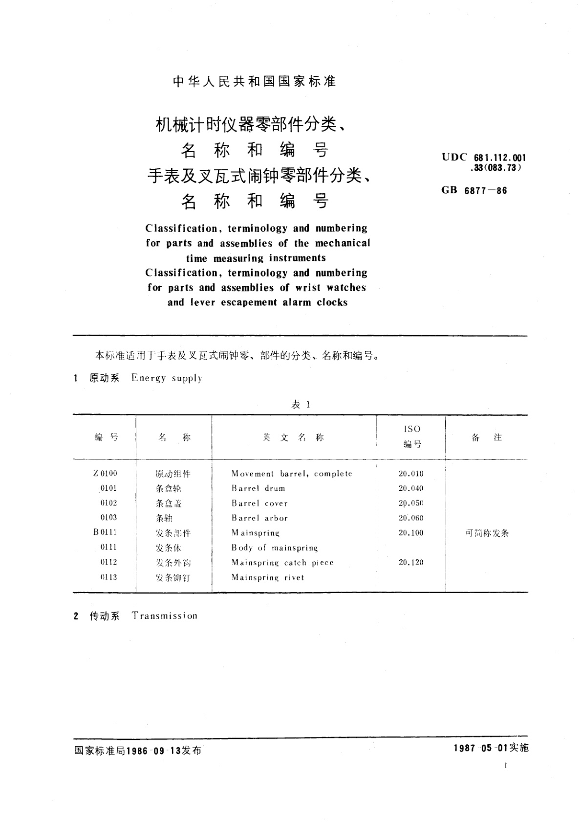 GB/T 6877-1986 机械计时仪器零部件分类、名称和编号　手表及叉瓦式闹钟零部件分类、名称和编号