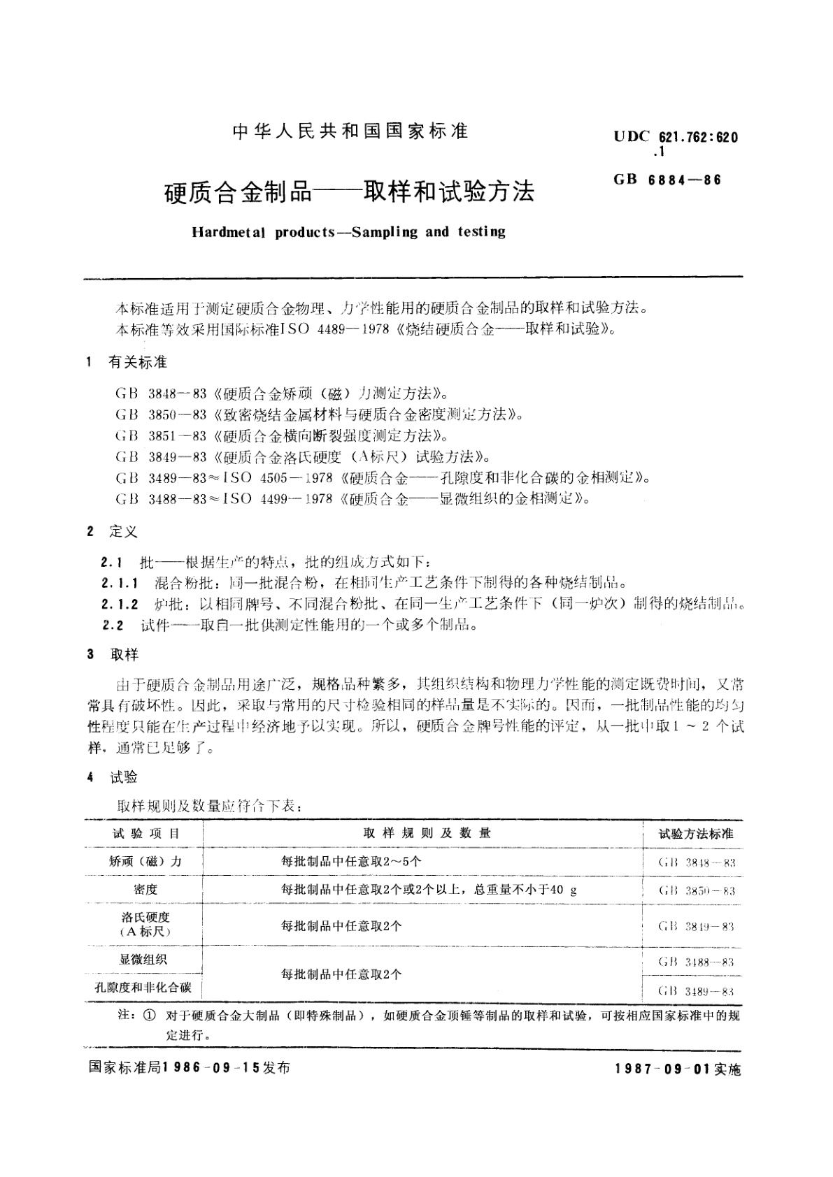 GB/T 6884-1986 硬质合金制品--取样和试验方法