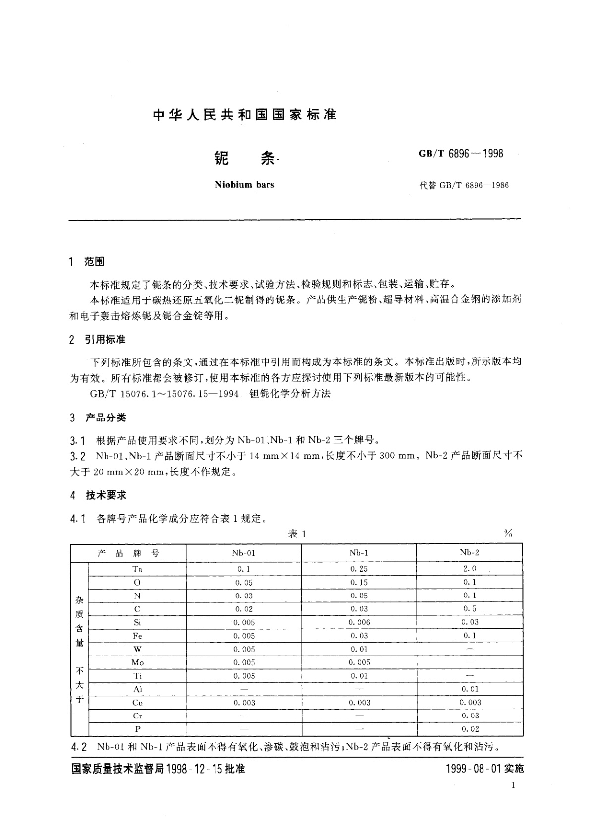 GB/T 6896-1998 铌条
