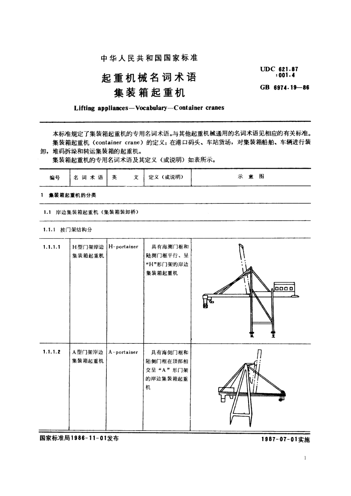 GB/T 6974.19-1986 起重机械名词术语　集装箱起重机