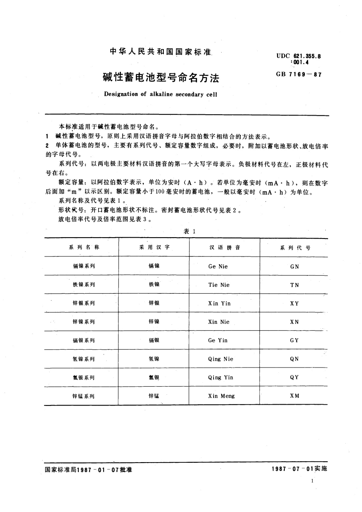 GB/T 7169-1987 碱性蓄电池型号命名方法