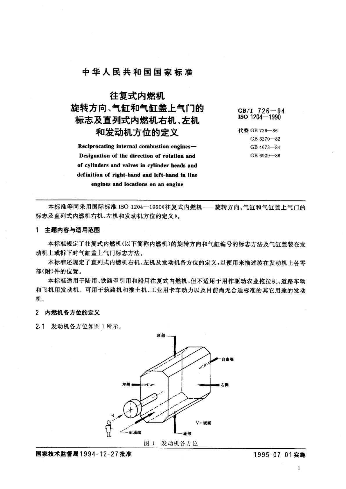 GB/T 726-1994 往复式内燃机　旋转方向、气缸和气缸盖上气门的标志及直列式内燃机右机、左机和发动机方位的定义