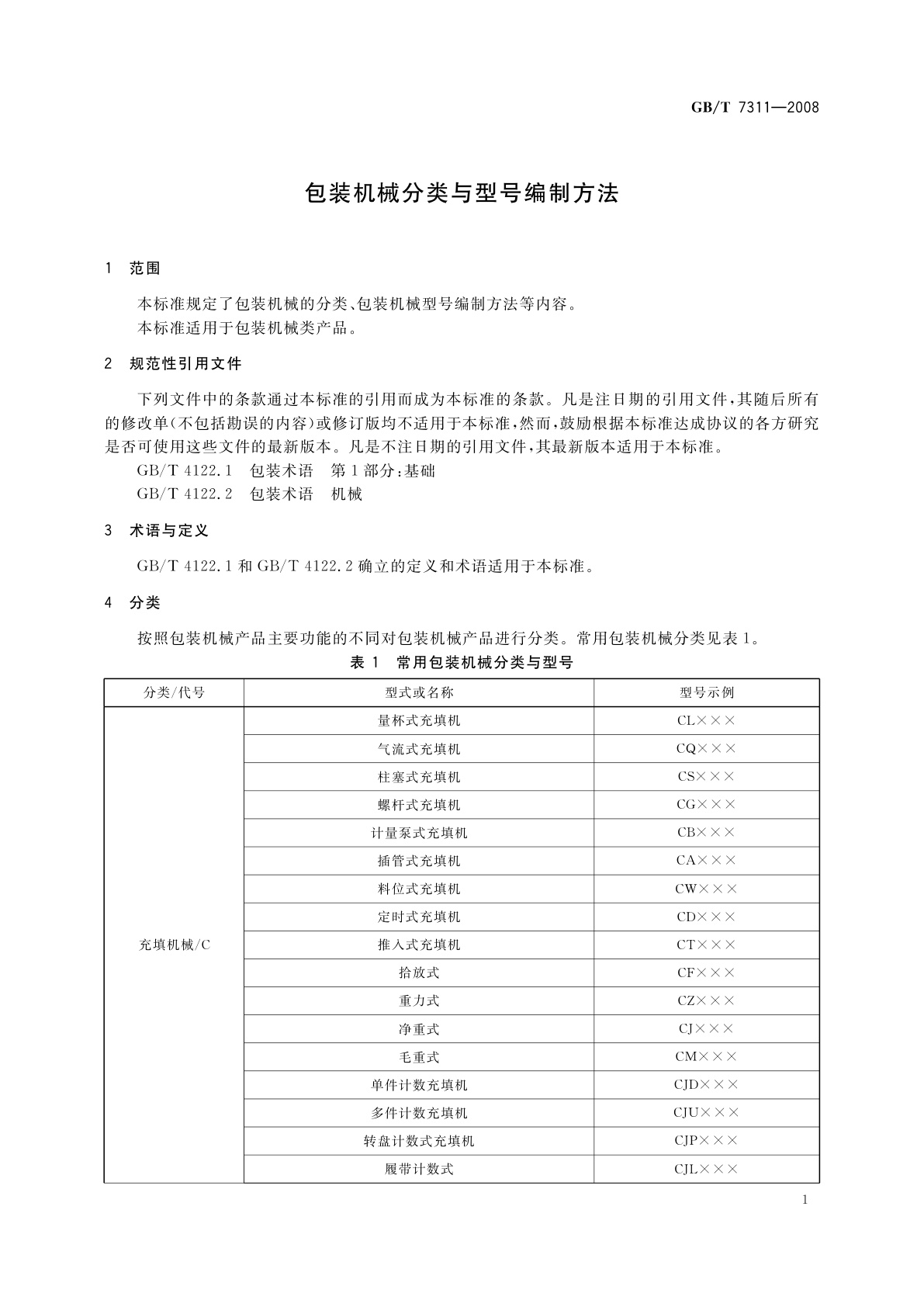 GB/T 7311-2008 包装机械分类与型号编制方法