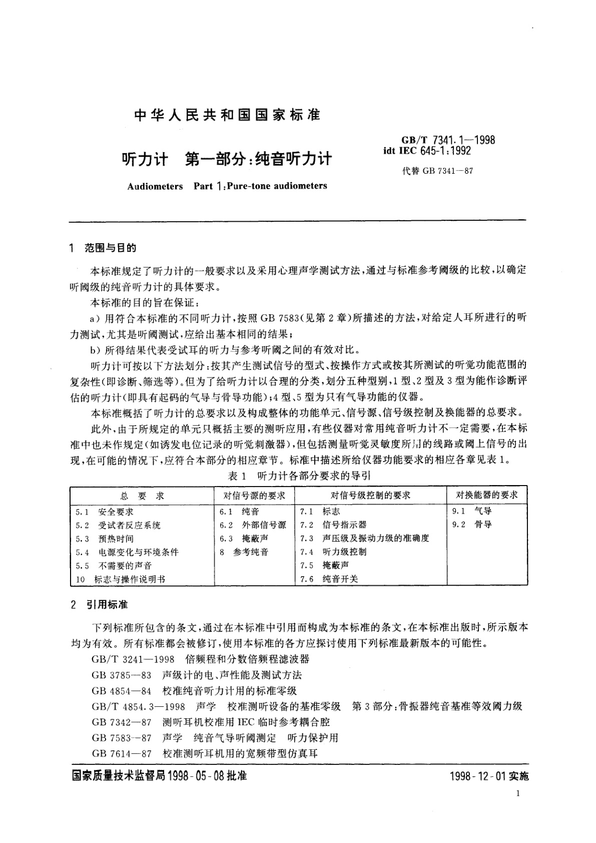 GB/T 7341.1-1998 听力计　第一部分：纯音听力计