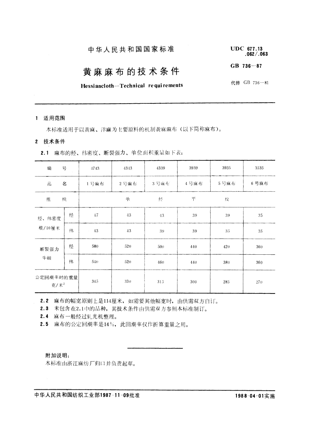 GB/T 736-1987 黄麻麻布的技术条件